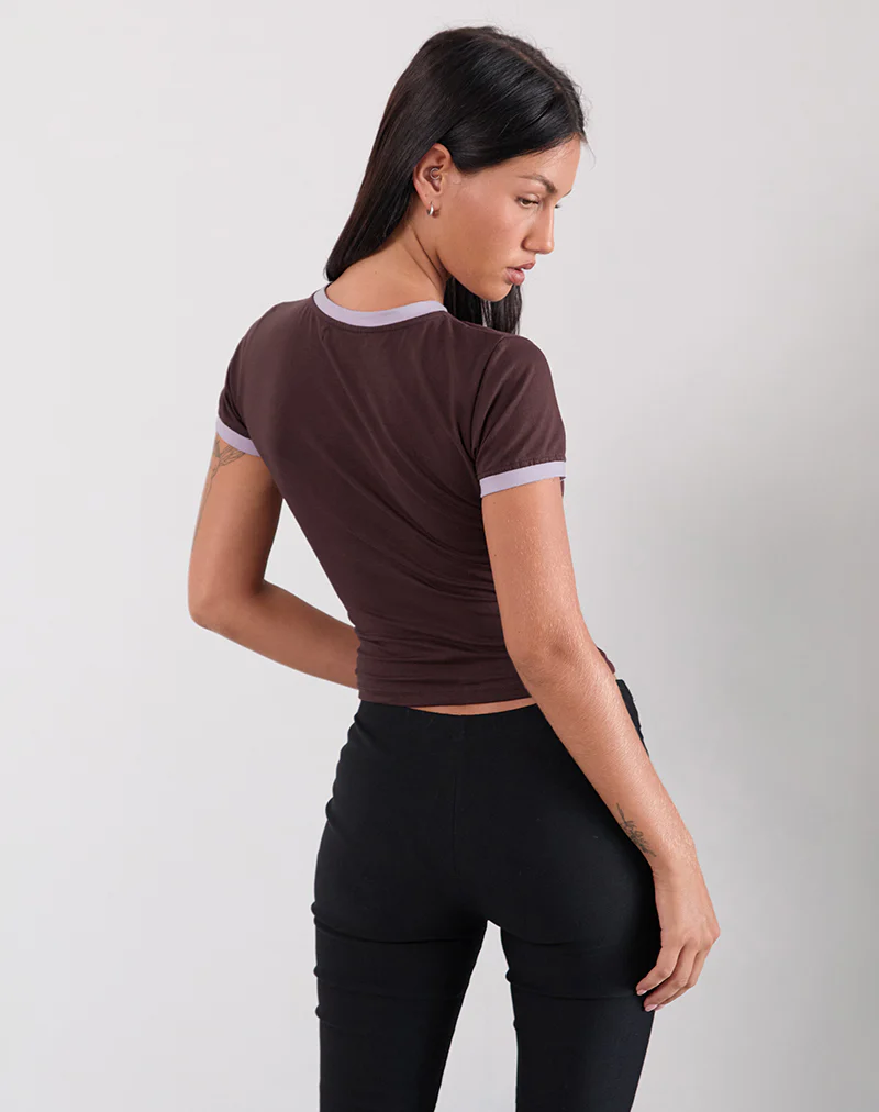 Rinea Tee Top in Bitter Chocolate with Violet Binding and Running Late Slogan - Image 3