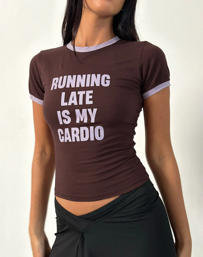 Rinea Tee Top in Bitter Chocolate with Violet Binding and Running Late Slogan - Image 5