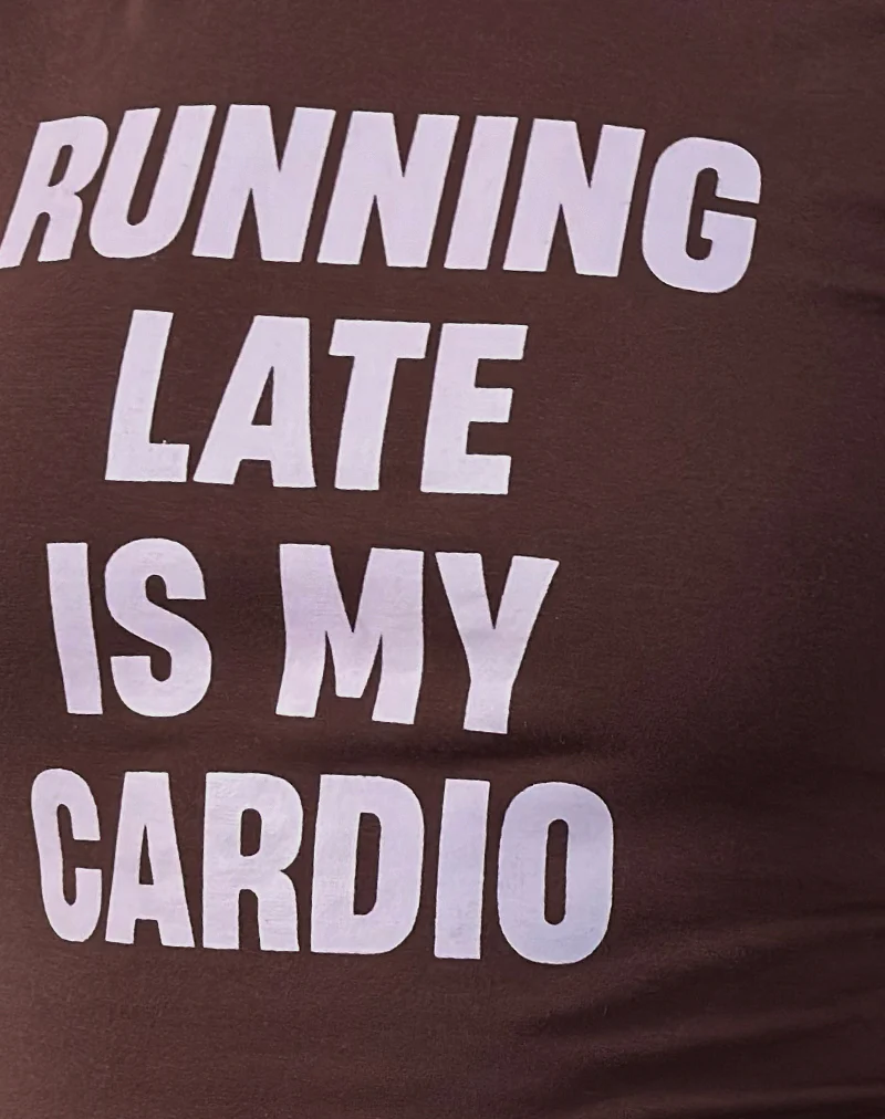 Rinea Tee Top in Bitter Chocolate with Violet Binding and Running Late Slogan - Image 6