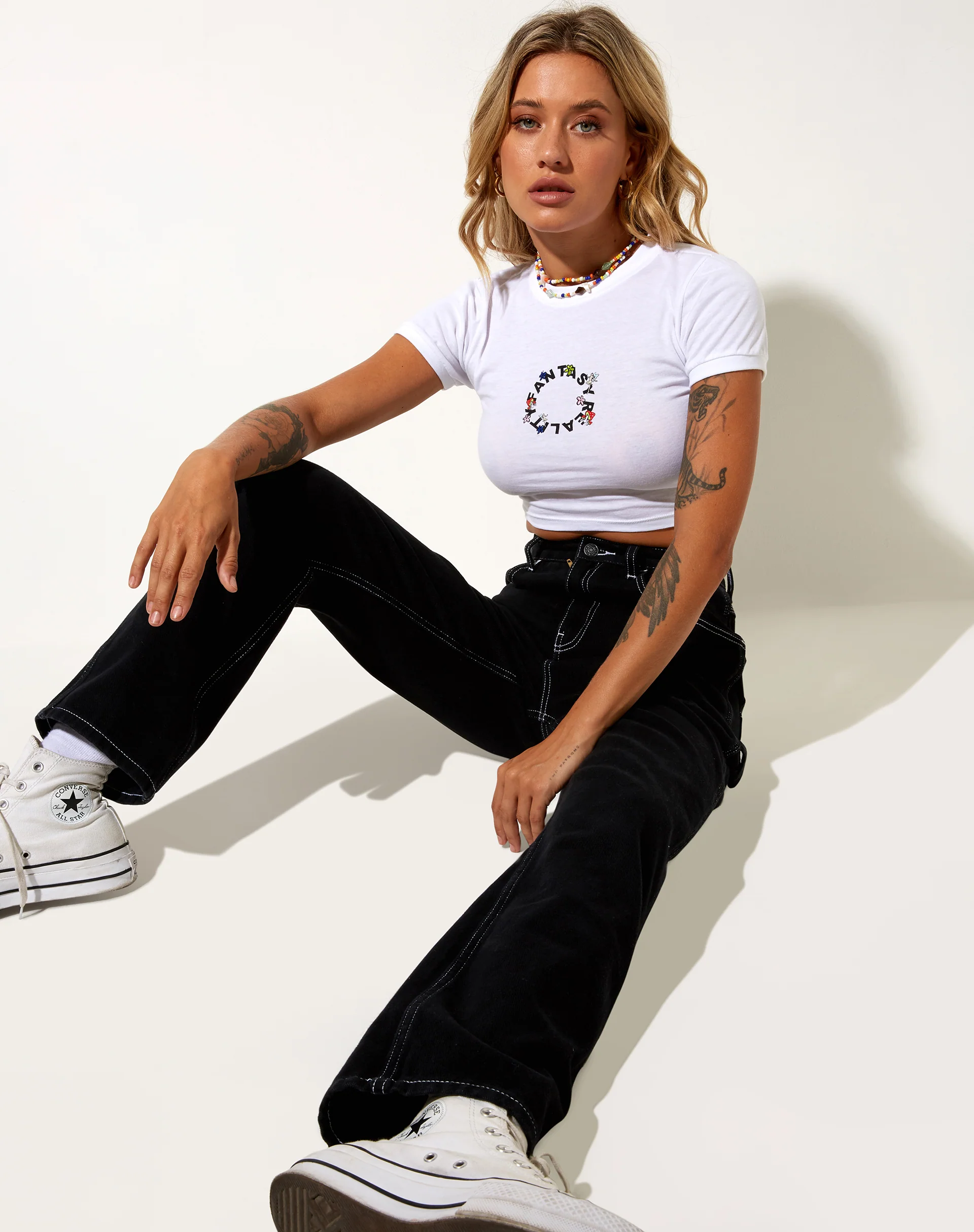Ringer Tee in White Fantasy Reality Mix Print and Embroidery - Image 4