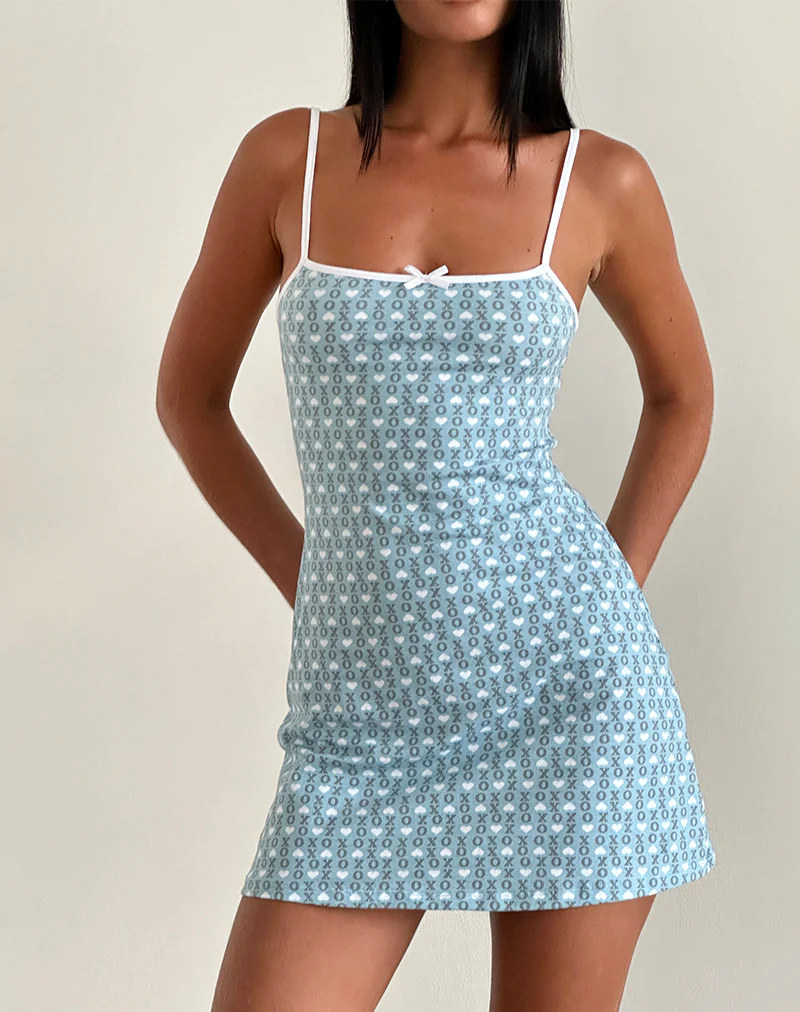 Riniko Mini Dress in Powder Blue XO Heart Print with White Binding - Image 2