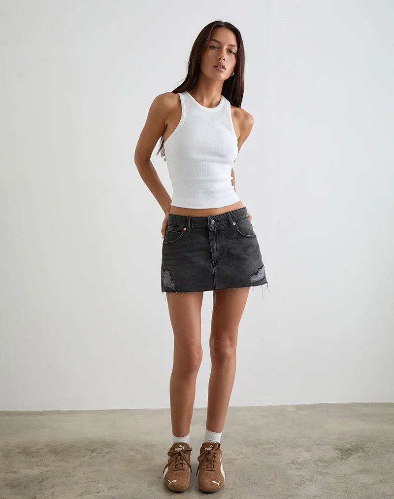 Ripped Raw Hem Denim Mini Skirt in Vintage Black - Image 4