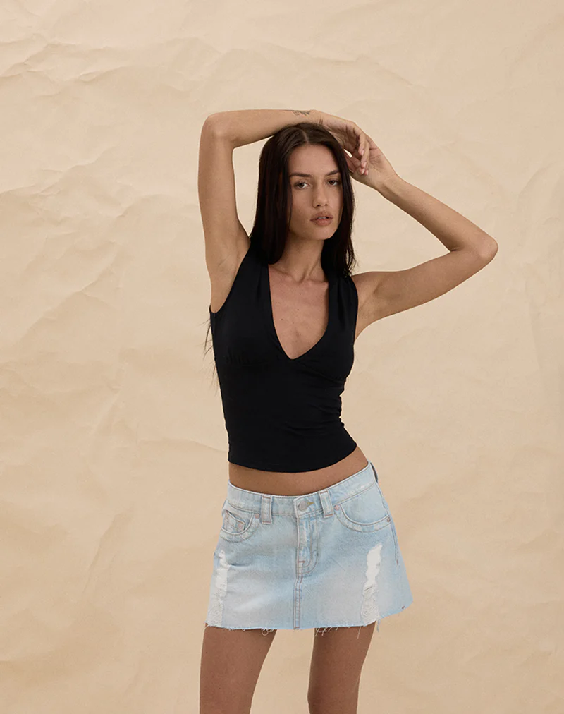 Ripped Raw Hem Denim Mini Skirt in Sky Blue - Image 4