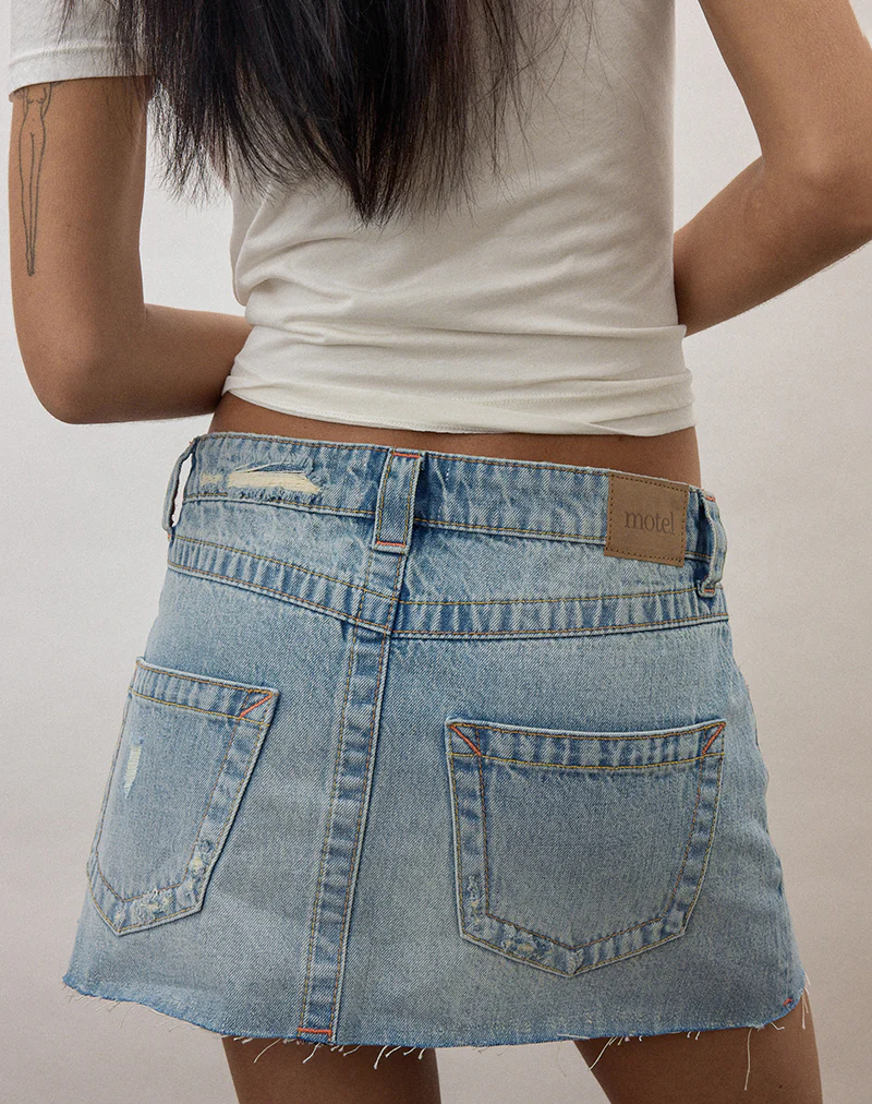 Ripped Raw Hem Denim Mini Skirt in True Blue - Image 4