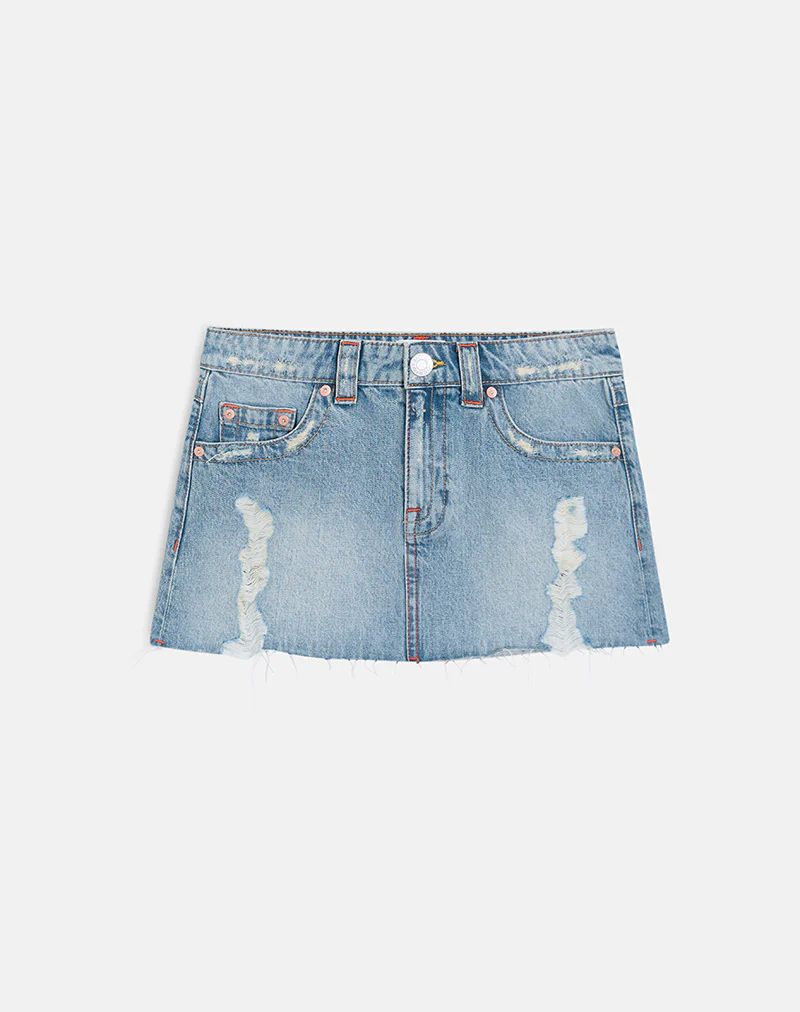 Ripped Raw Hem Denim Mini Skirt in True Blue - Image 5