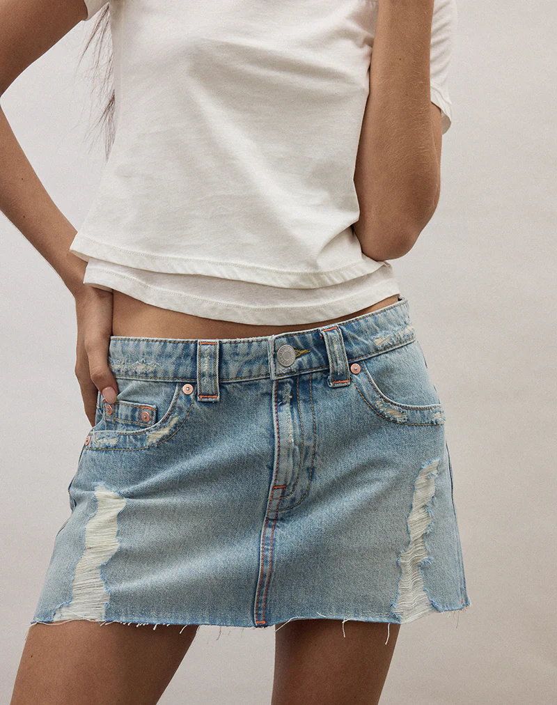 Ripped Raw Hem Denim Mini Skirt in True Blue - Image 6