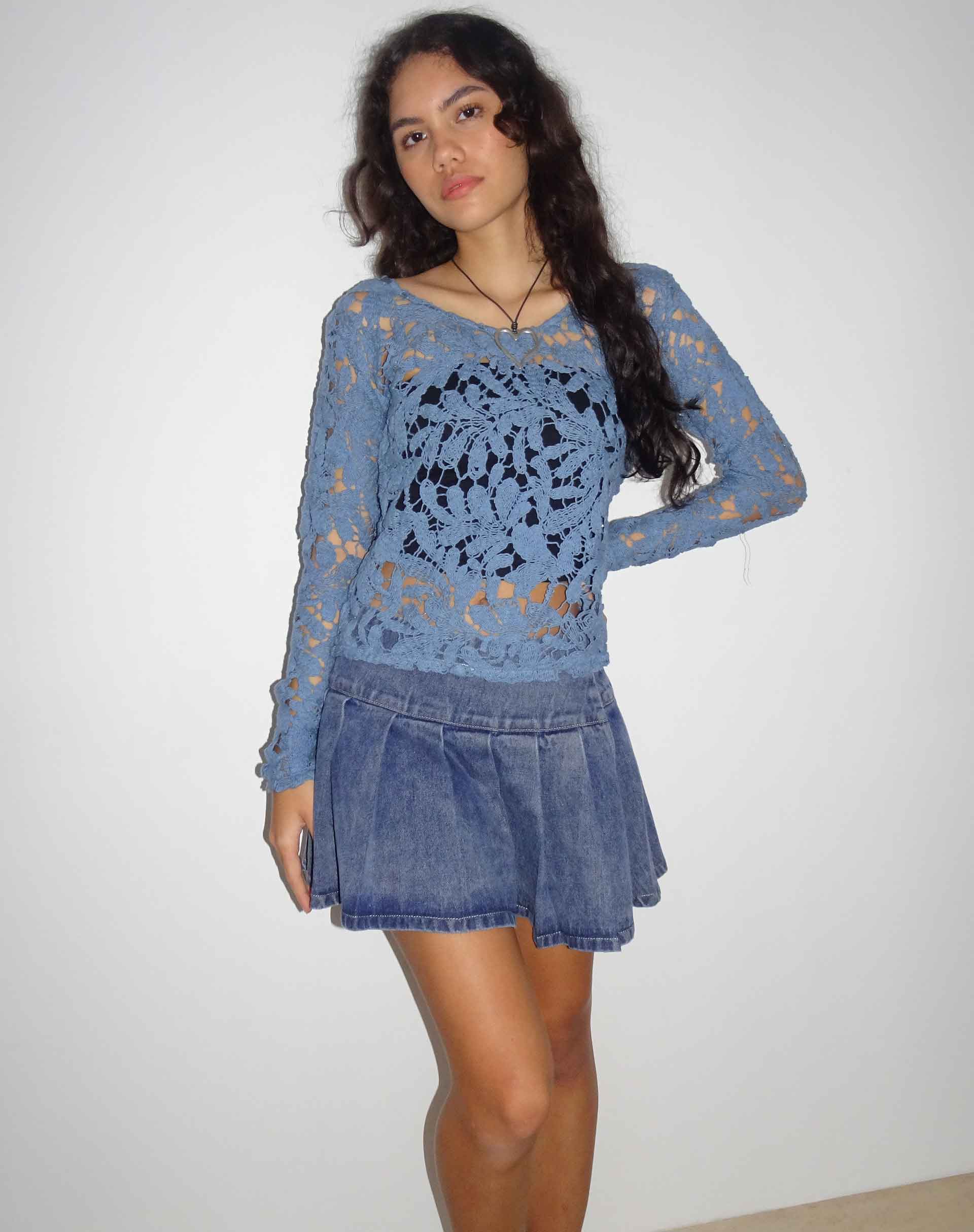 Ripu Floral Crochet Long Sleeve Top in Midnight Blue - Image 2