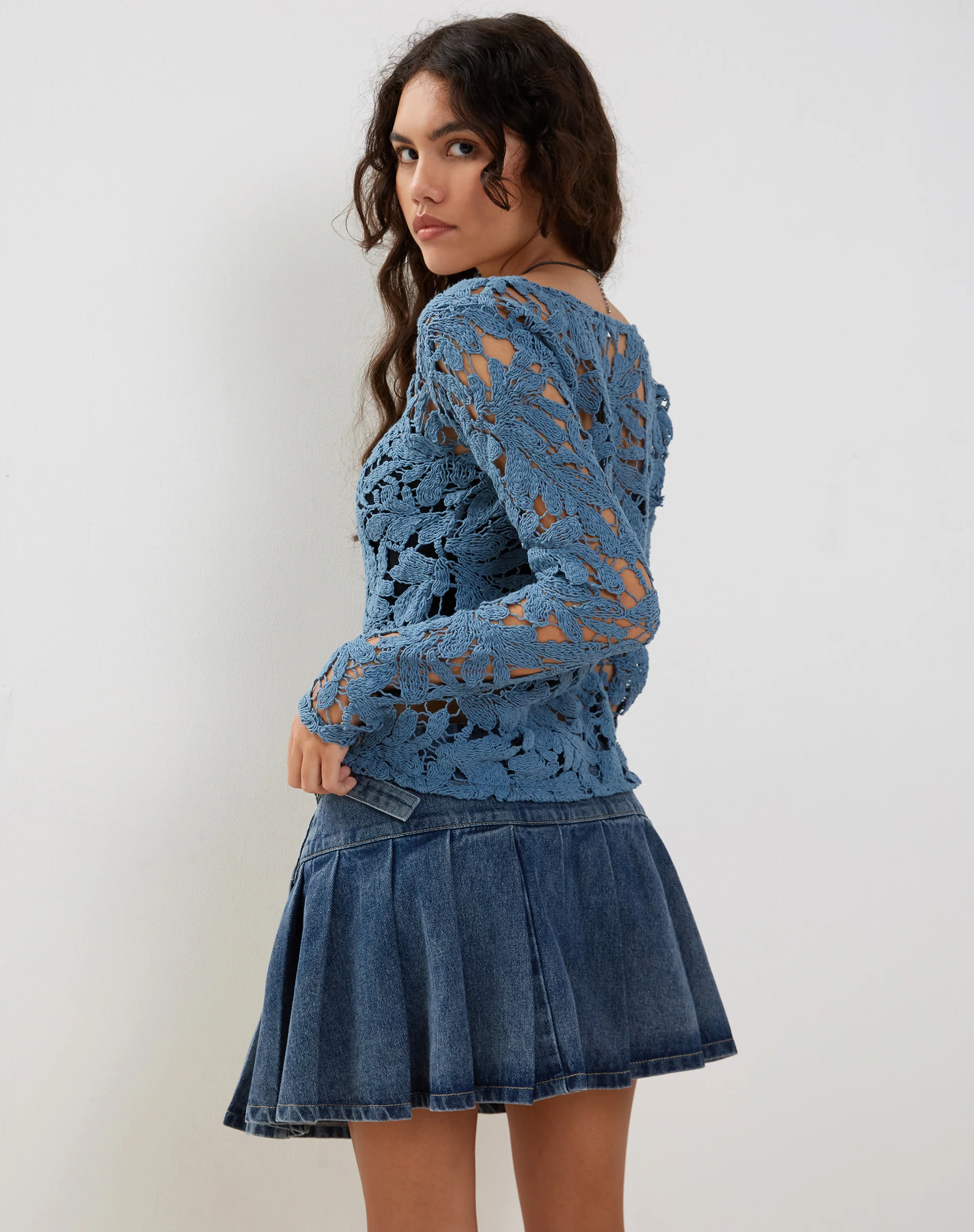 Ripu Floral Crochet Long Sleeve Top in Midnight Blue - Image 6