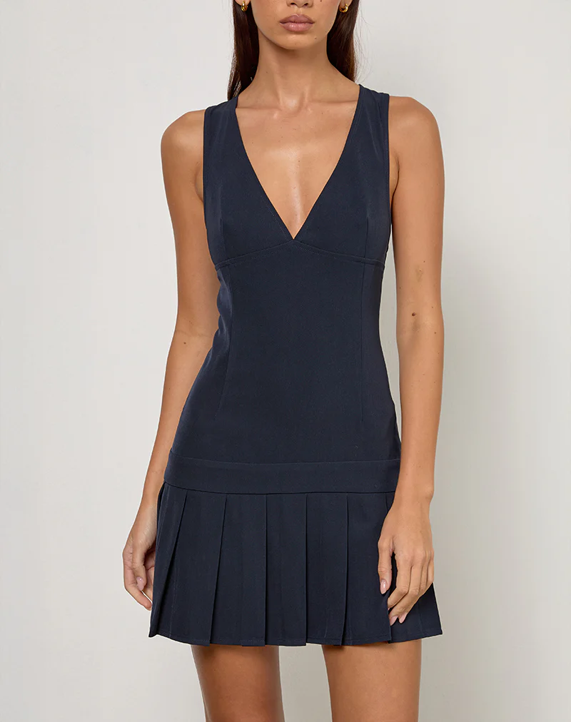 Rita Pleat Mini Dress in Tailoring Navy - Image 4