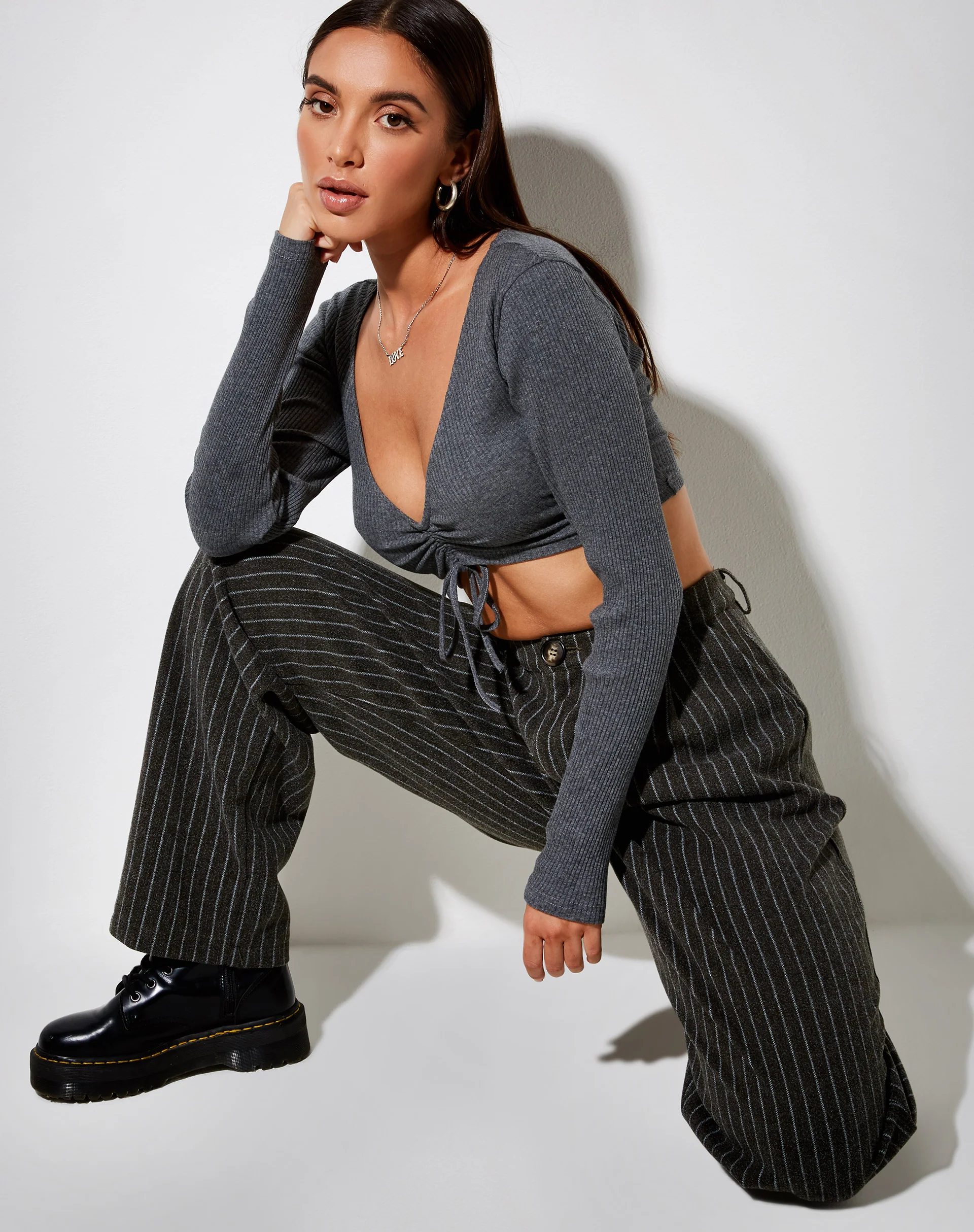 Rivelo Long Sleeve Top in Rib Dark Grey - Image 2