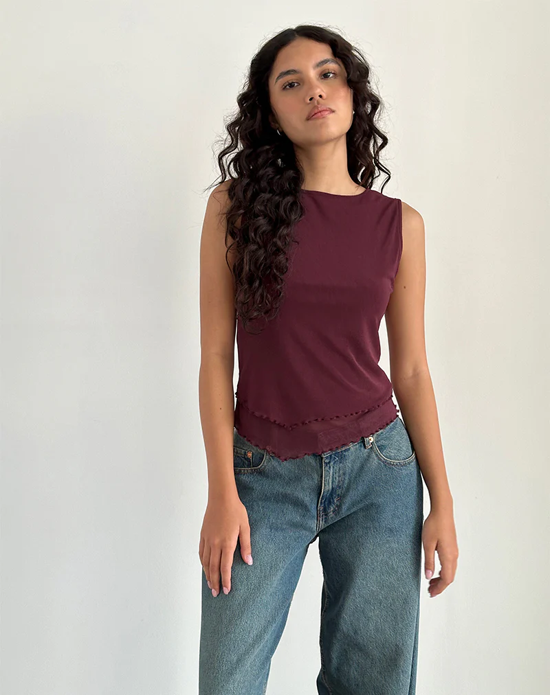 Rochie Asymmetric Top in Mesh Maroon - Image 2