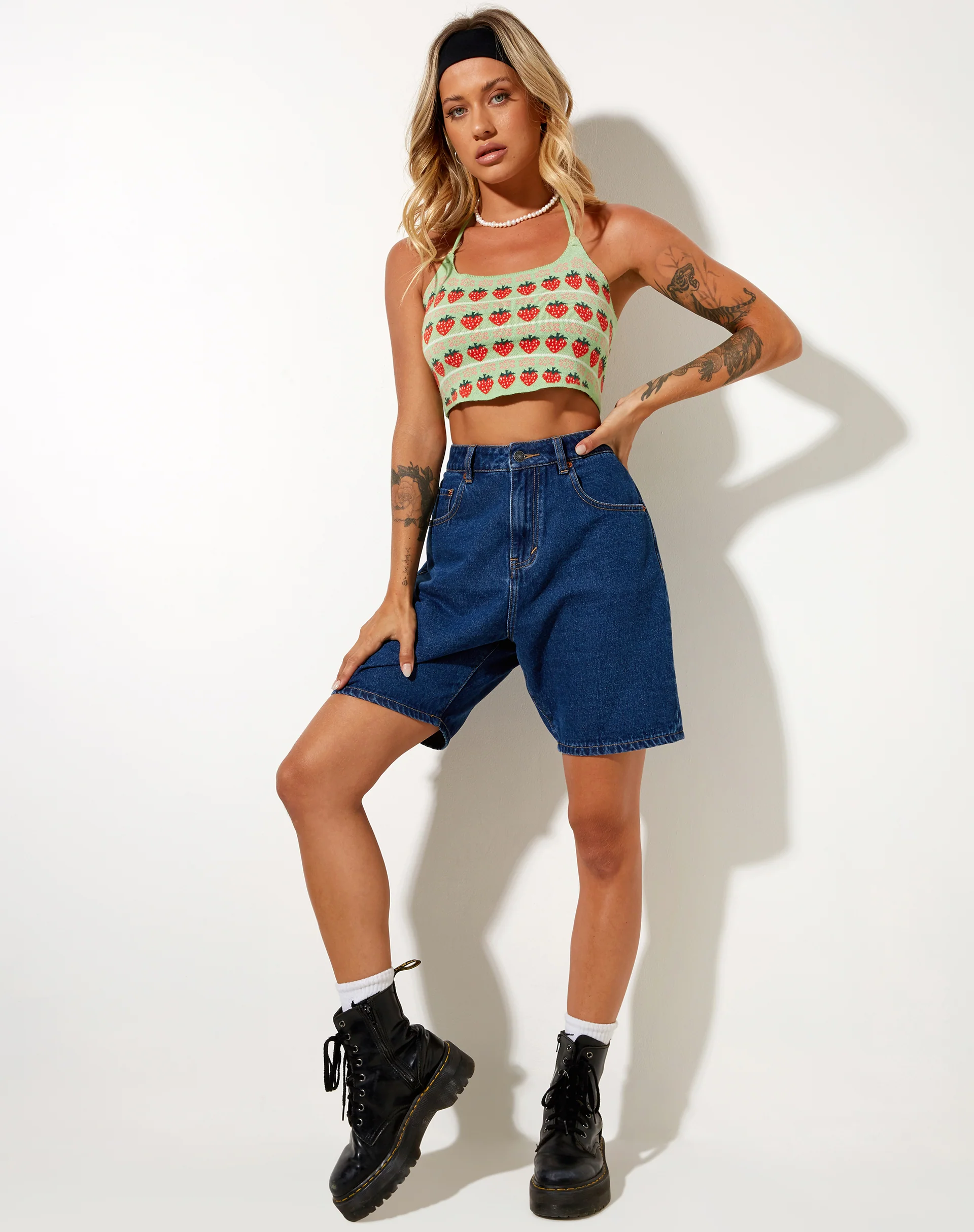 Roe Crop Top in Mint String Of Strawberries - Image 3