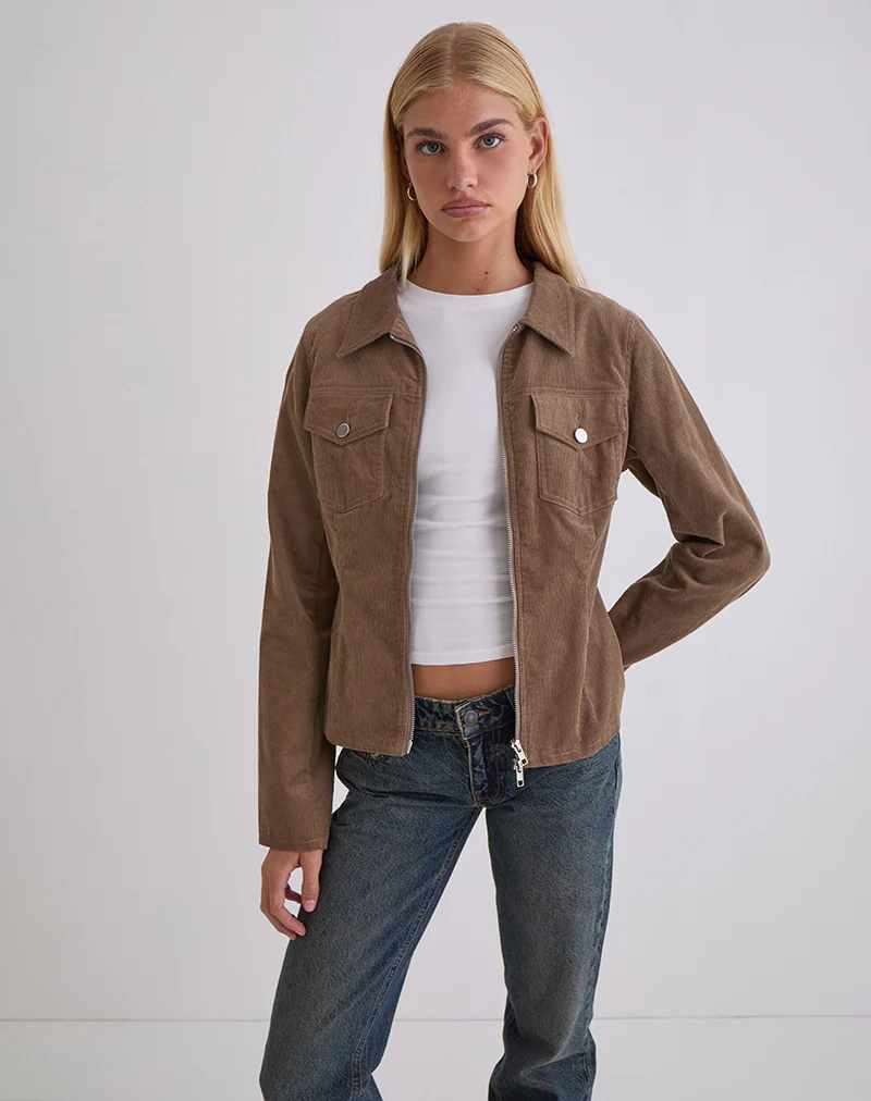 Rohana Fitted Jacket in Baby Cord Walnut Brown - Image 2