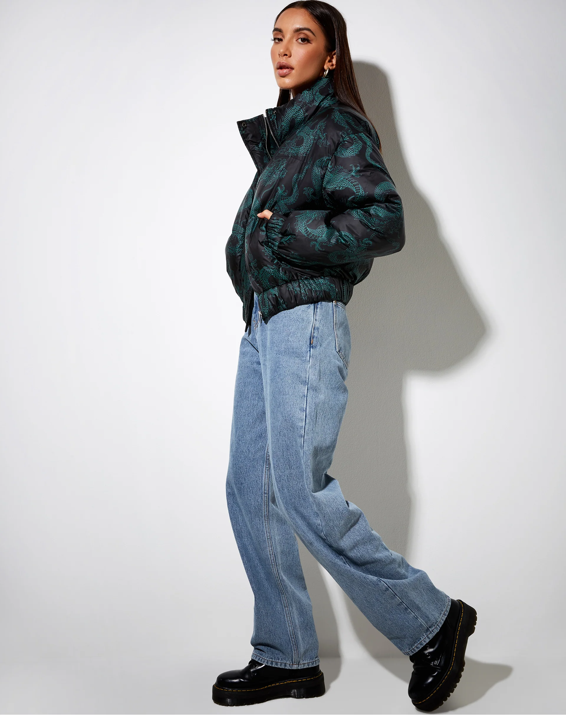 Rohos Puffer Jacket in Dragon Flower Black and Mint - Image 5