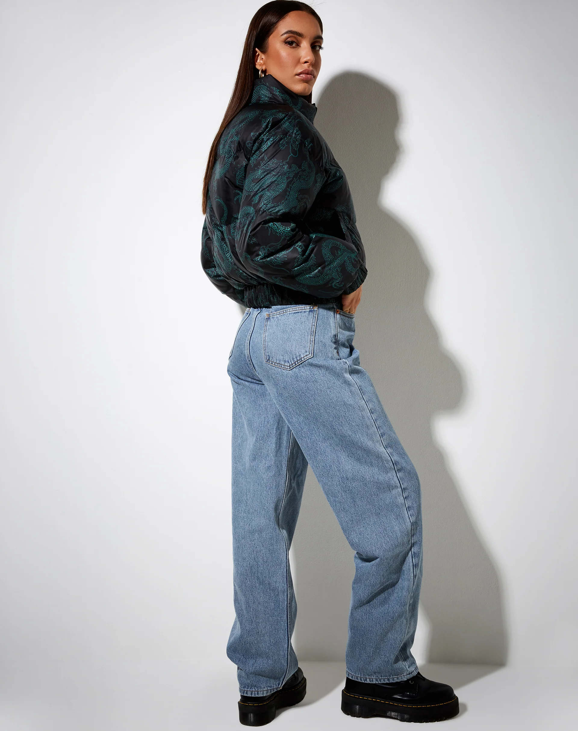 Rohos Puffer Jacket in Dragon Flower Black and Mint - Image 6