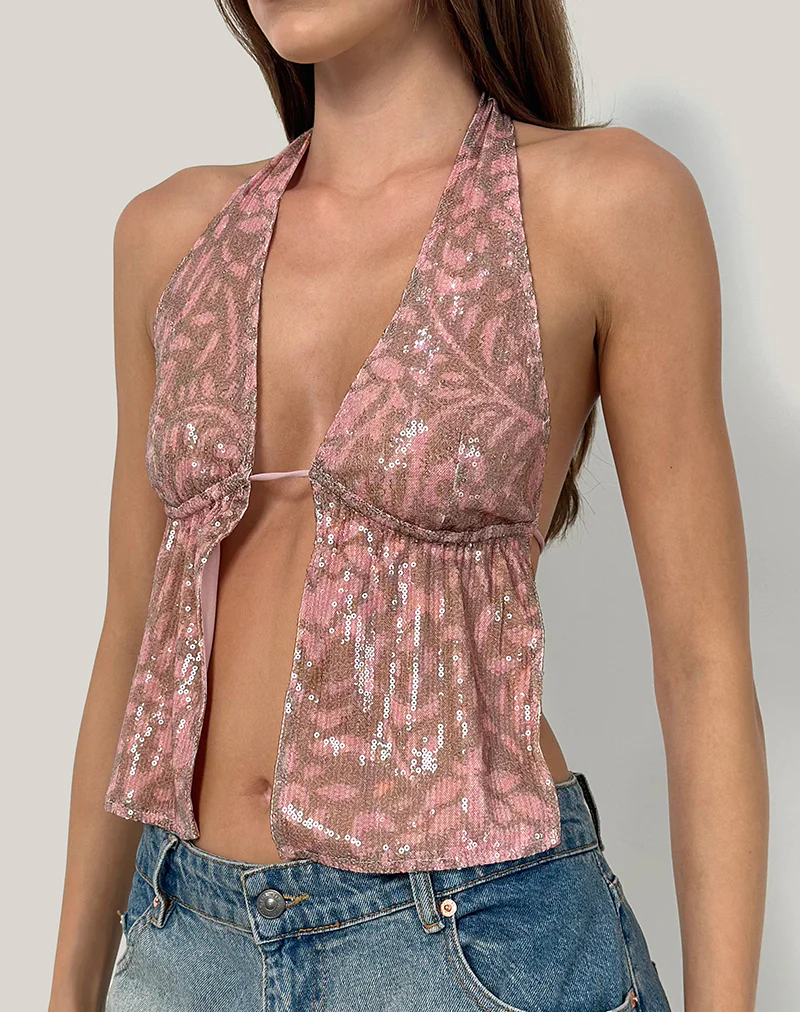 Rokudo Halterneck Top in Boho Batik Sequin Pink - Image 3