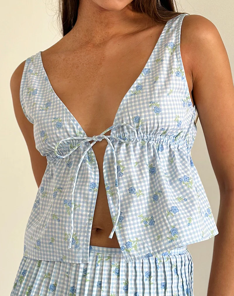 Rolia Cami Top in Blue Flower Gingham - Image 2