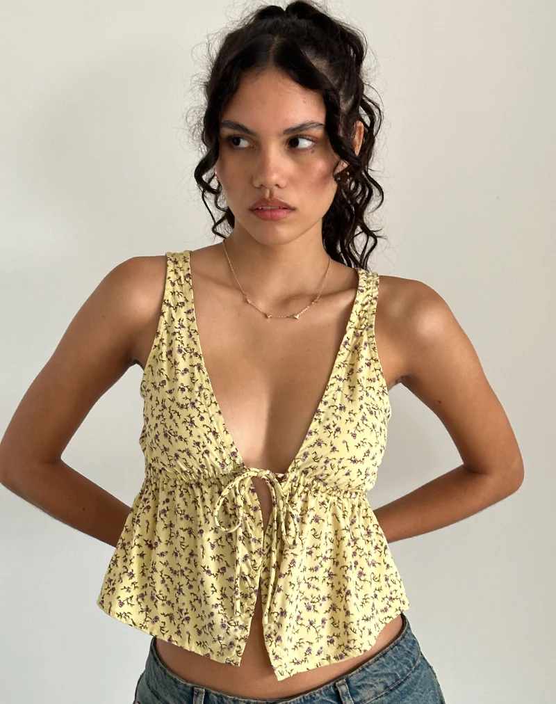 Rolia Tie Front Top in Flowing Flower Yellow - Image 3