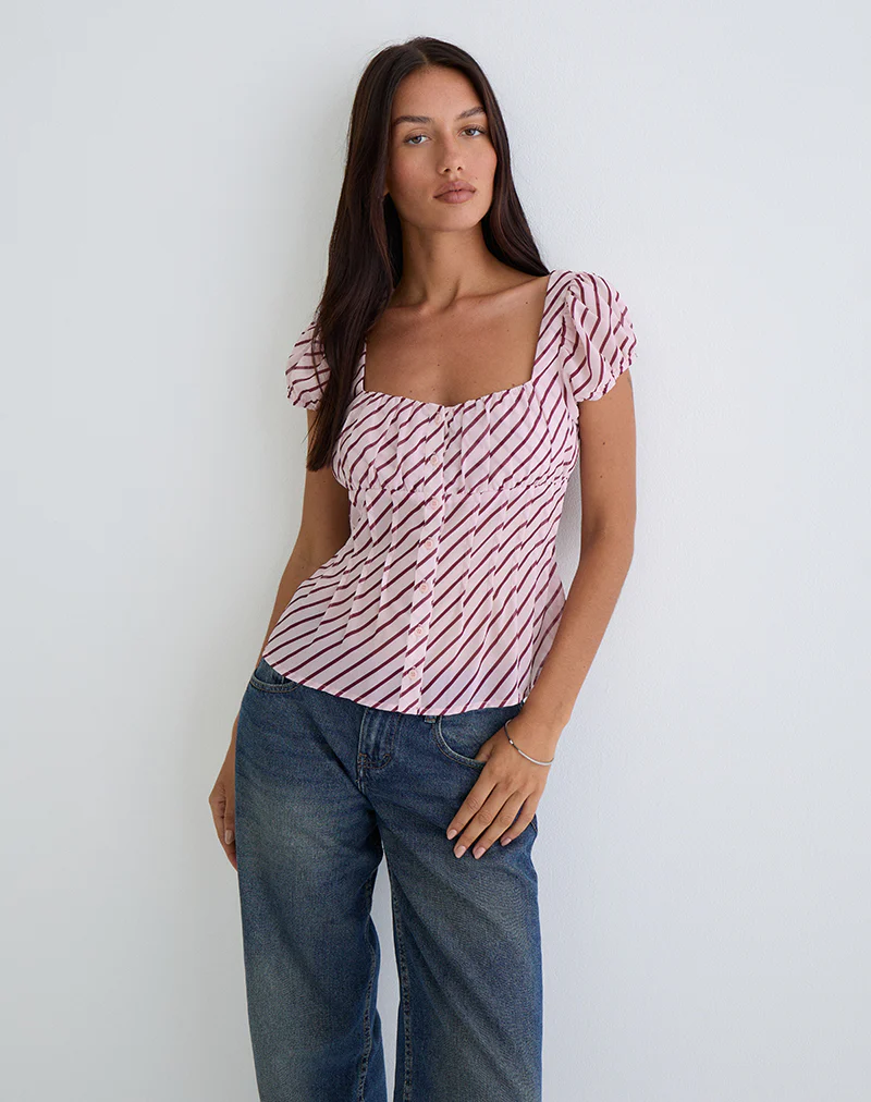 Rolina Blouse in Chiffon Stripe Pink and Burgundy - Image 5