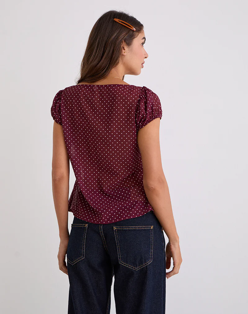 Rolina Blouse in Chiffon Mini Polka Burgundy - Image 6