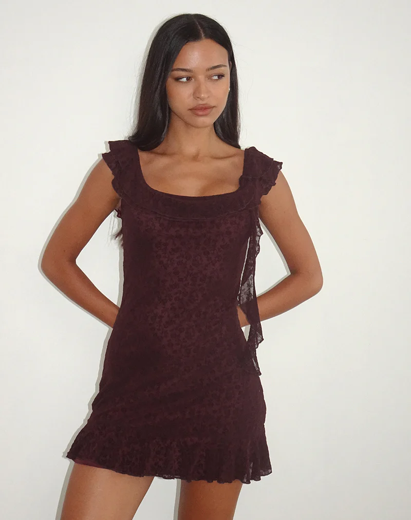 Rolita Mini Dress in Ditsy Flock Burnt Maroon - Image 5