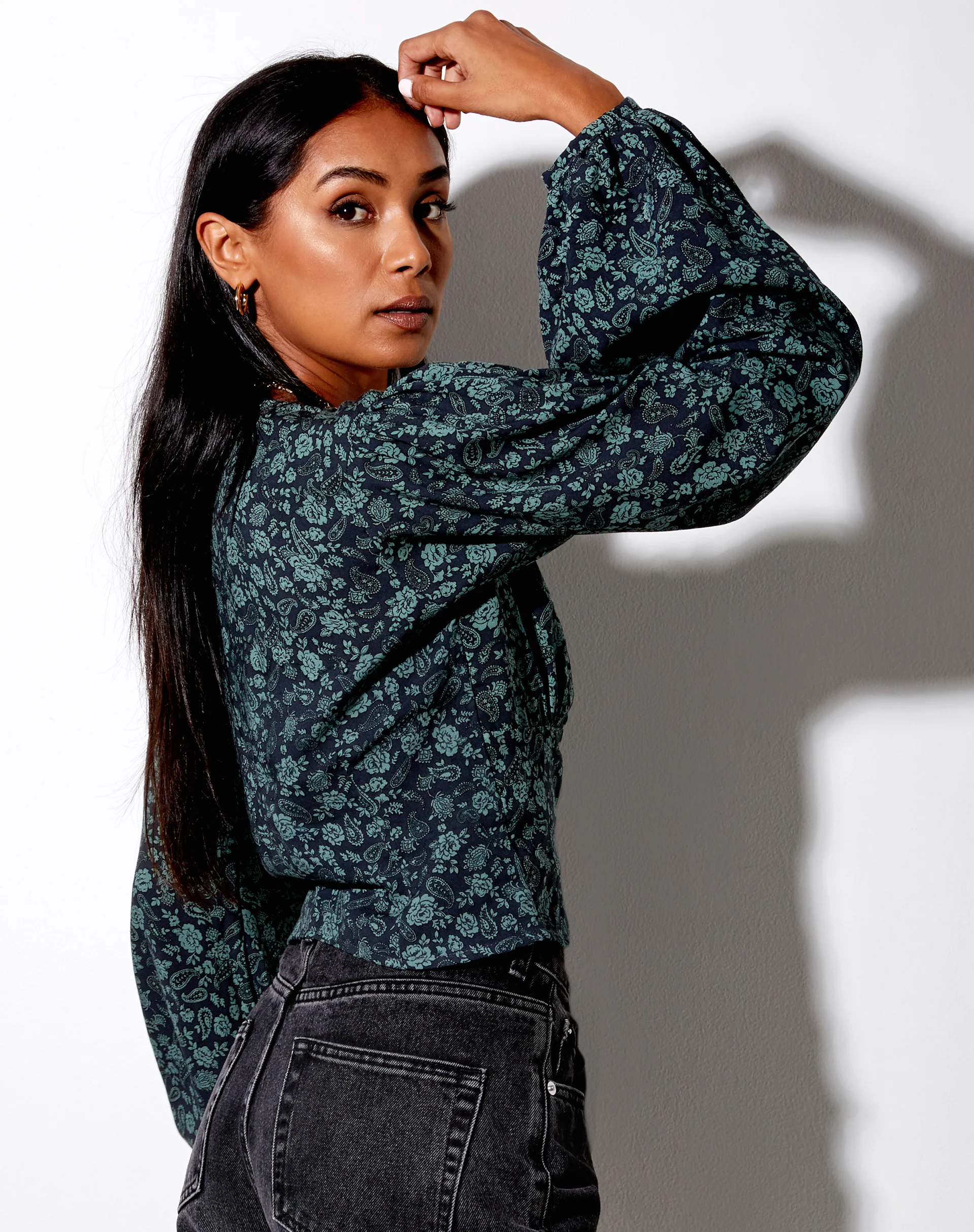 Romina Long Sleeve Top in Mono Paisley Sage - Image 2