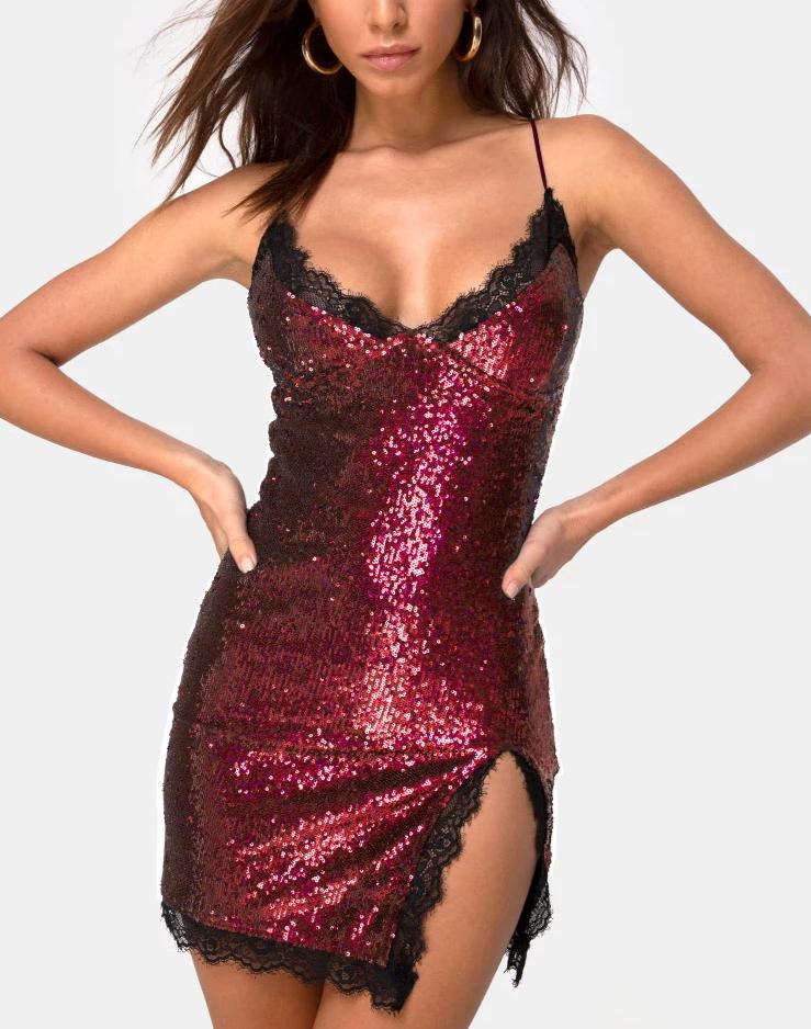 Romini Dress in Burgundy Mini Sequin with Black Lace - Image 2