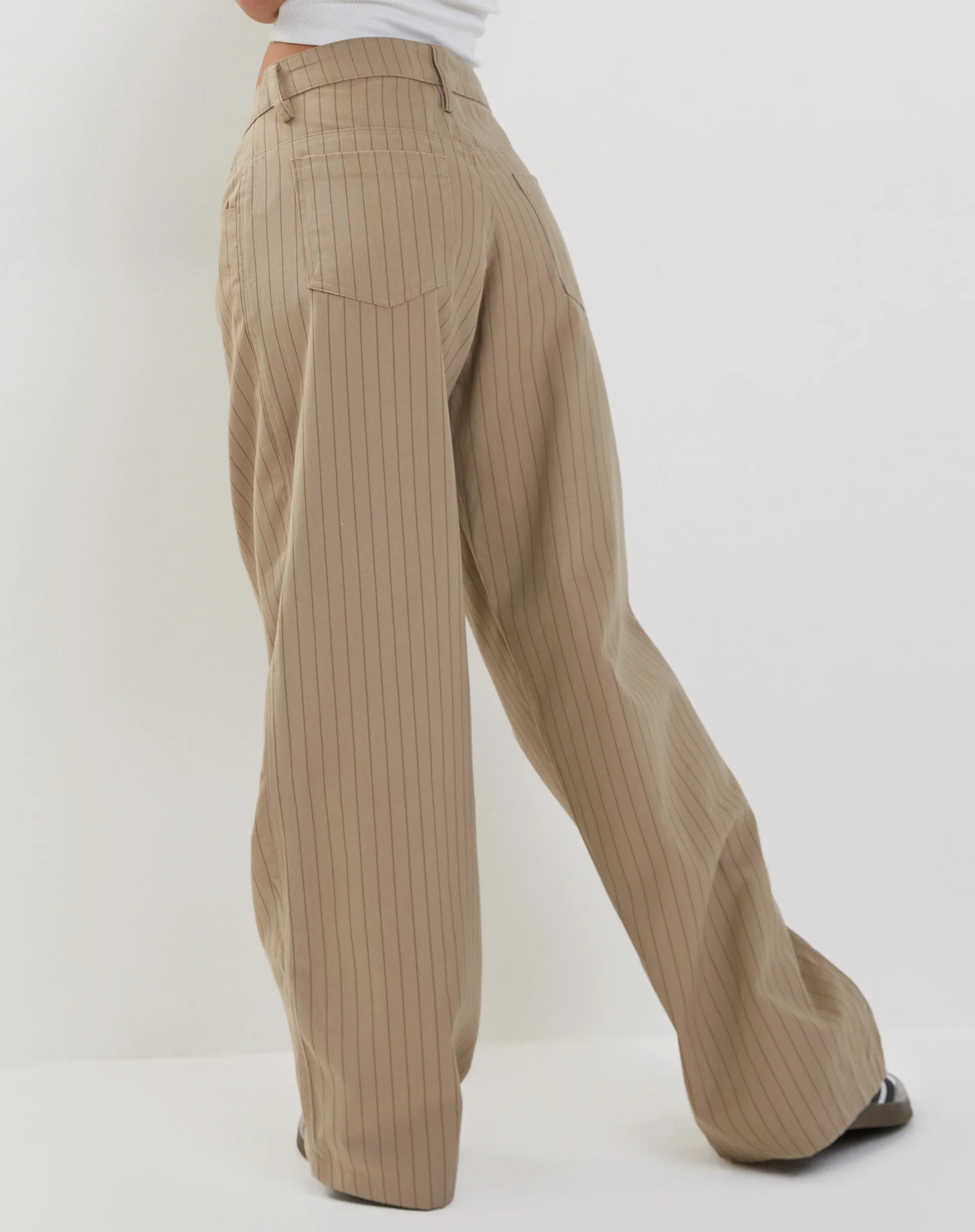 Roomy Low Rise Extra Wide Trousers in Pinstripe Stone - Image 4