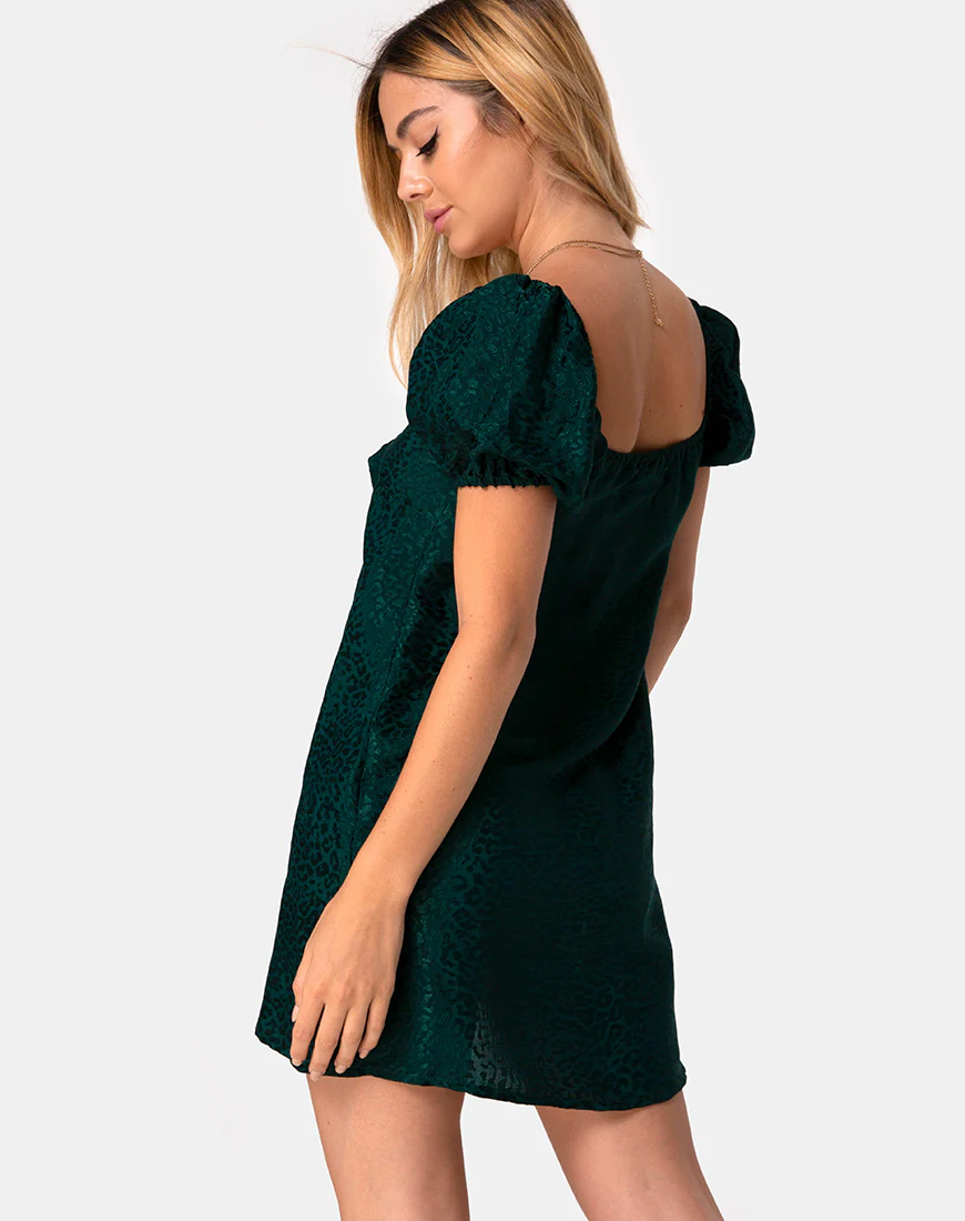 Ropelle Dress in Satin Cheetah Forest Green - Image 2