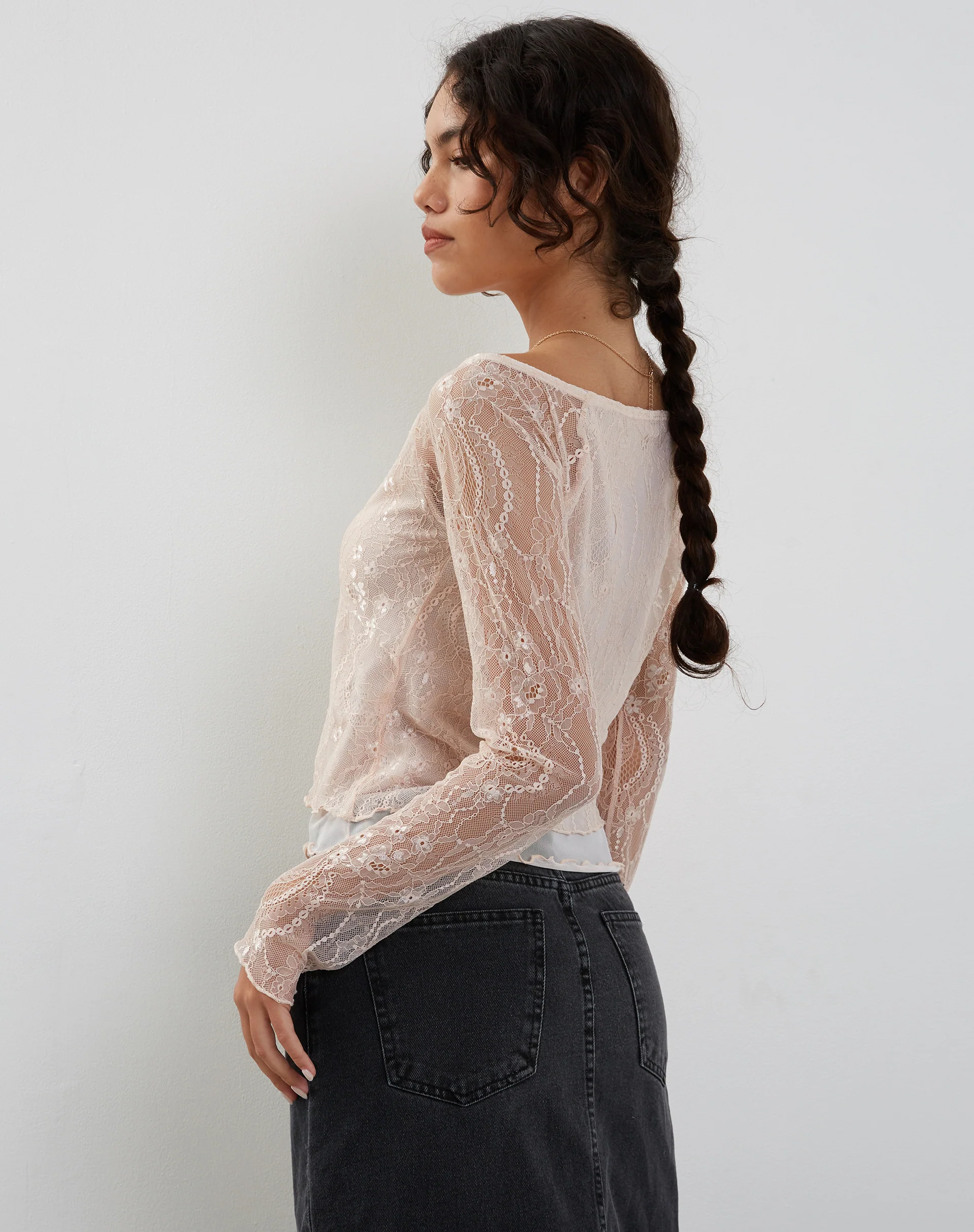Rory Long Sleeve Lace Top in Pink - Image 2