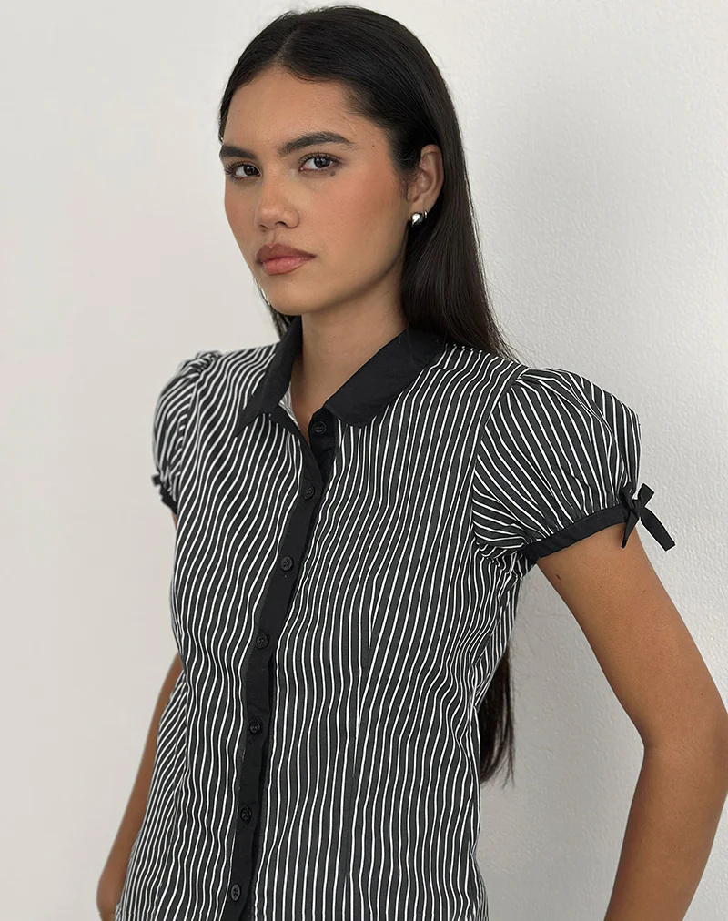 Rosabe Blouse in Black and Grey Monostripe - Image 2