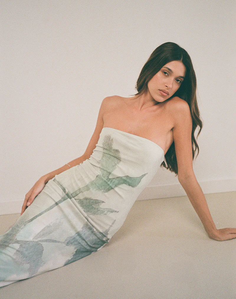 Rosbandi Bandeau Midi Dress in Abstract Painted Flower Blue - Image 2