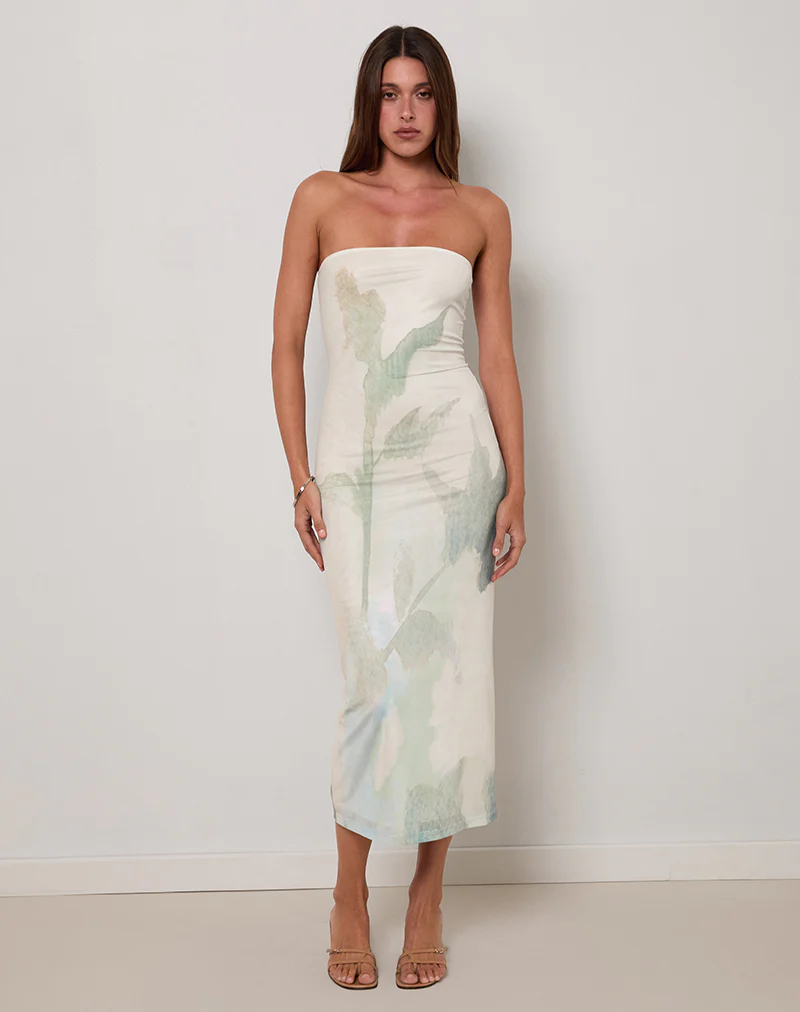 Rosbandi Bandeau Midi Dress in Abstract Painted Flower Blue - Image 3