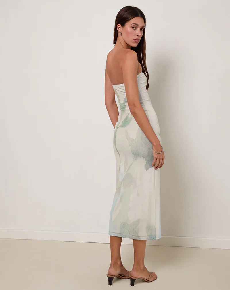Rosbandi Bandeau Midi Dress in Abstract Painted Flower Blue - Image 4