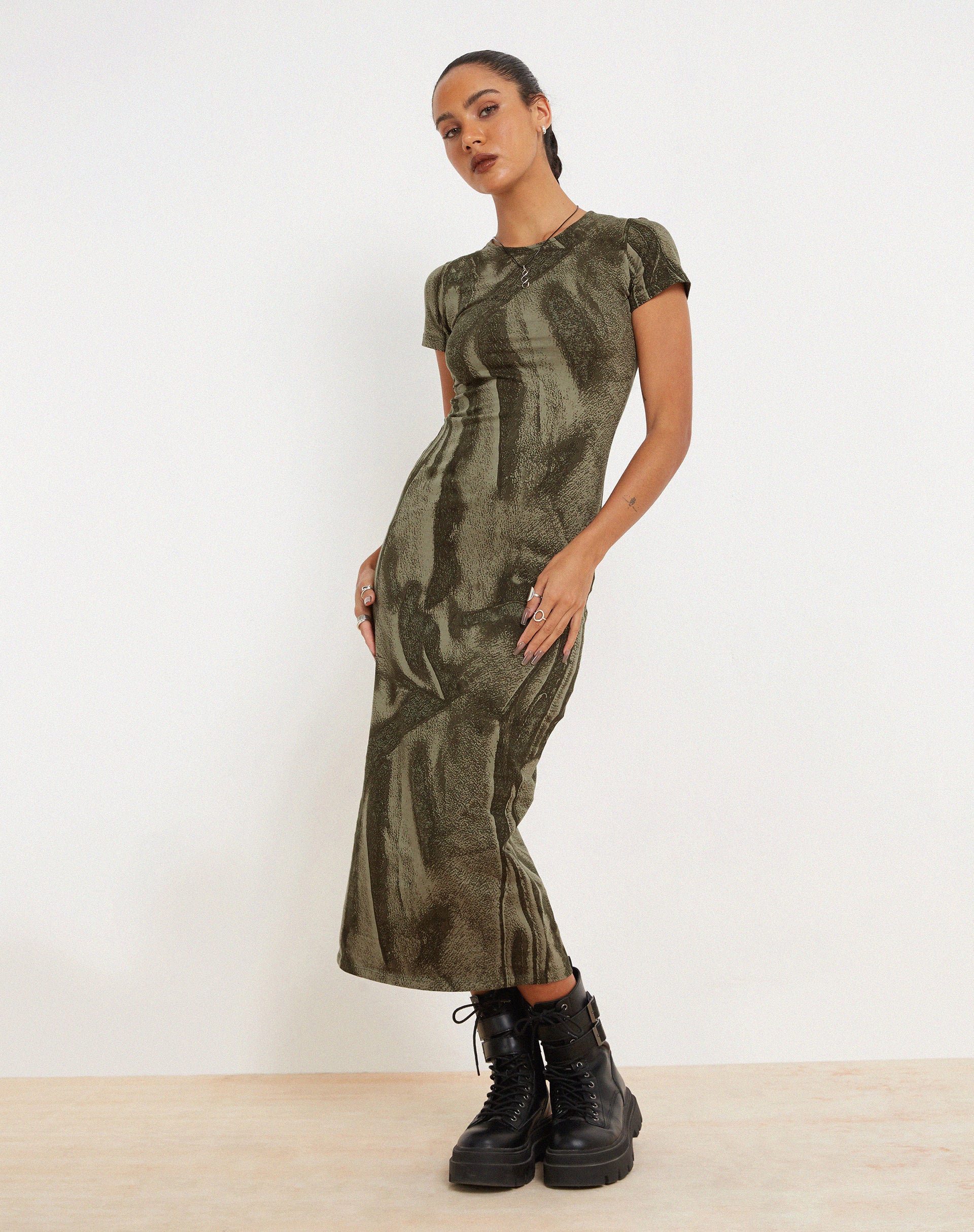 Rosika Midi Dress in Dystopian Crease Khaki - Image 4