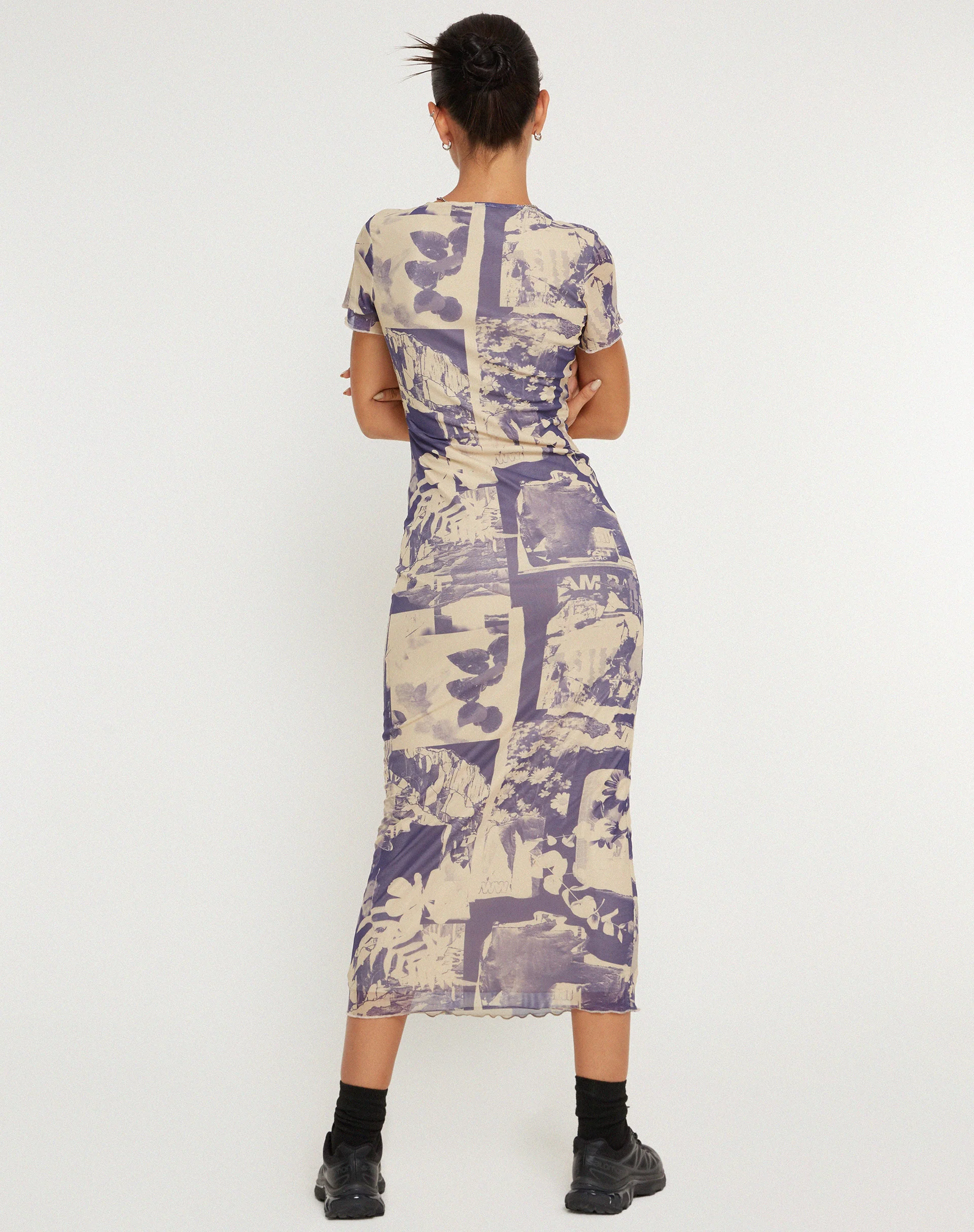 Roska Printed Mesh Midi Dress in Collage Floral Shadow Purple - Image 4