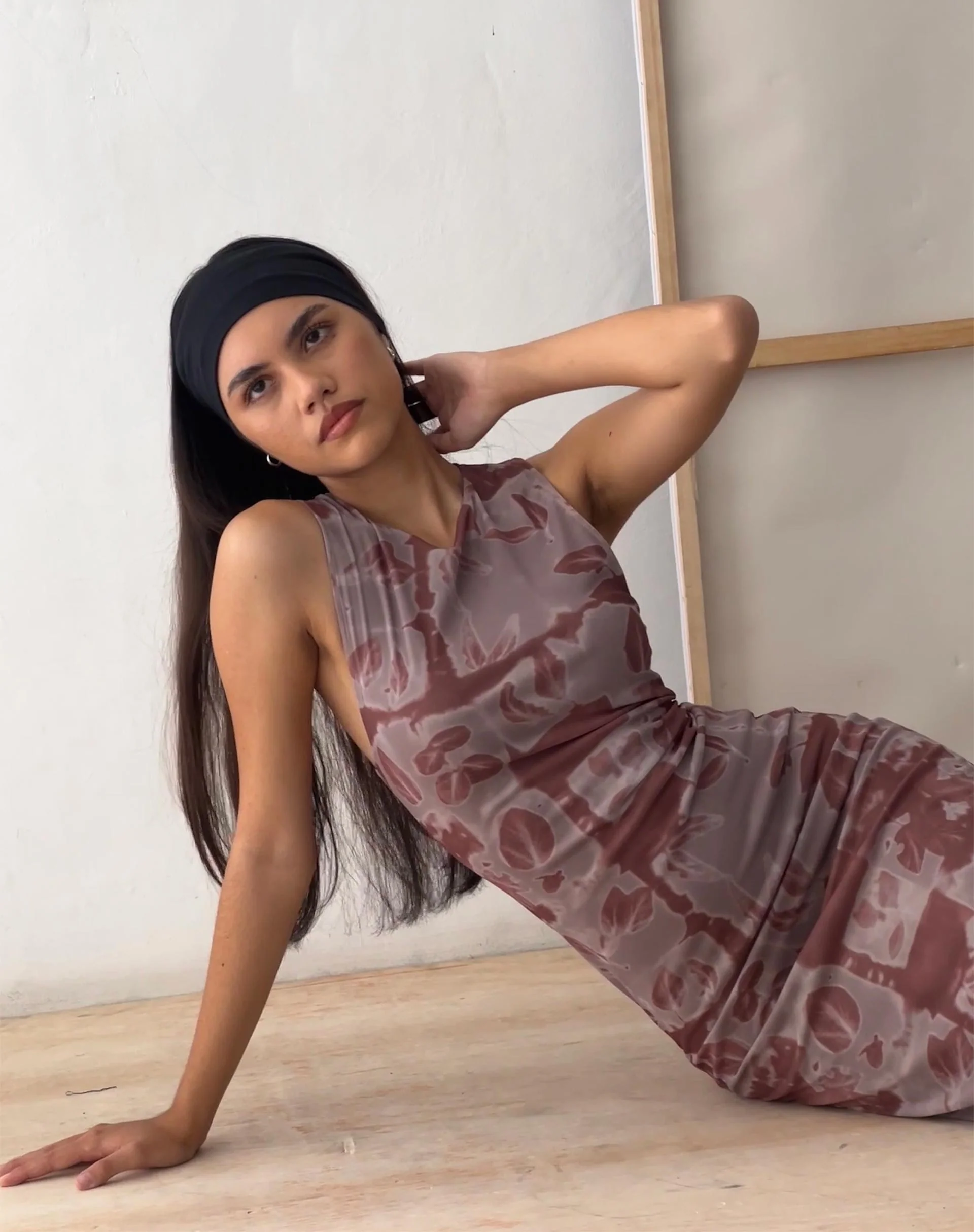 Roskila High Neck Mesh Maxi Dress in Botanical Bleed Warm Grey - Image 2