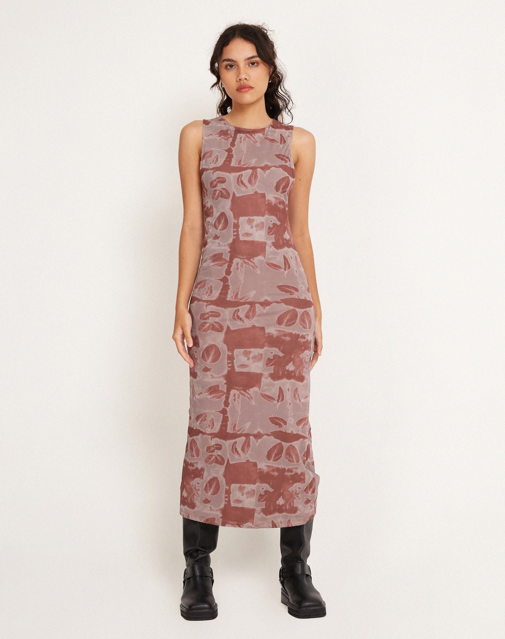 Roskila High Neck Mesh Maxi Dress in Botanical Bleed Warm Grey - Image 3