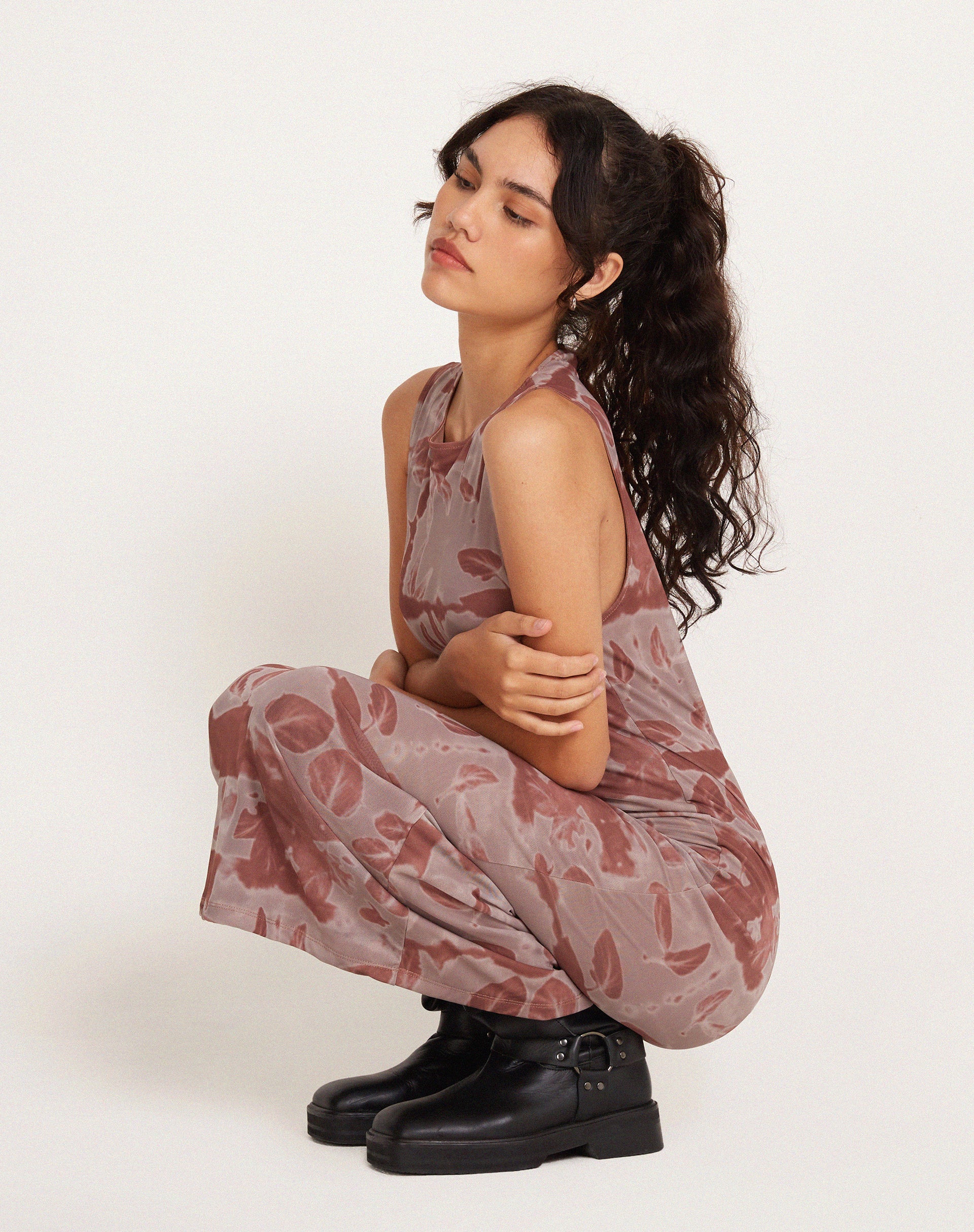 Roskila High Neck Mesh Maxi Dress in Botanical Bleed Warm Grey - Image 5