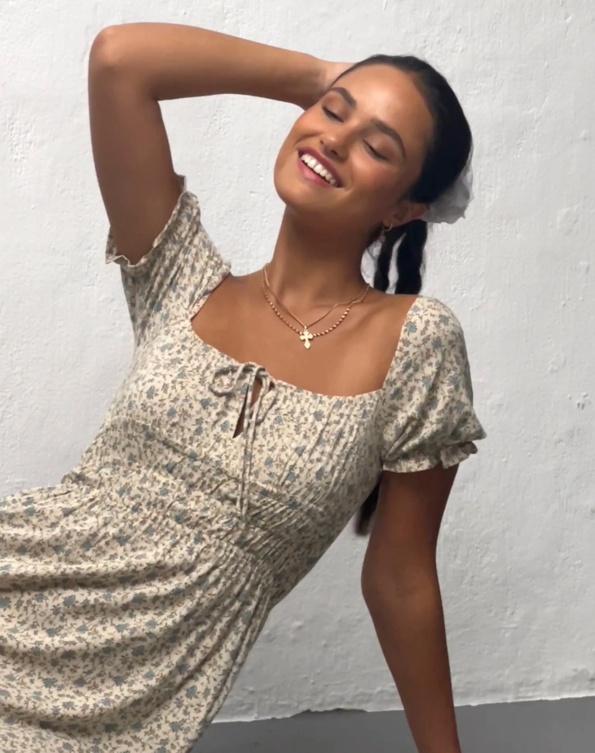 Rosmilly Mini Dress in Antique Blue Floral Ivory - Image 3