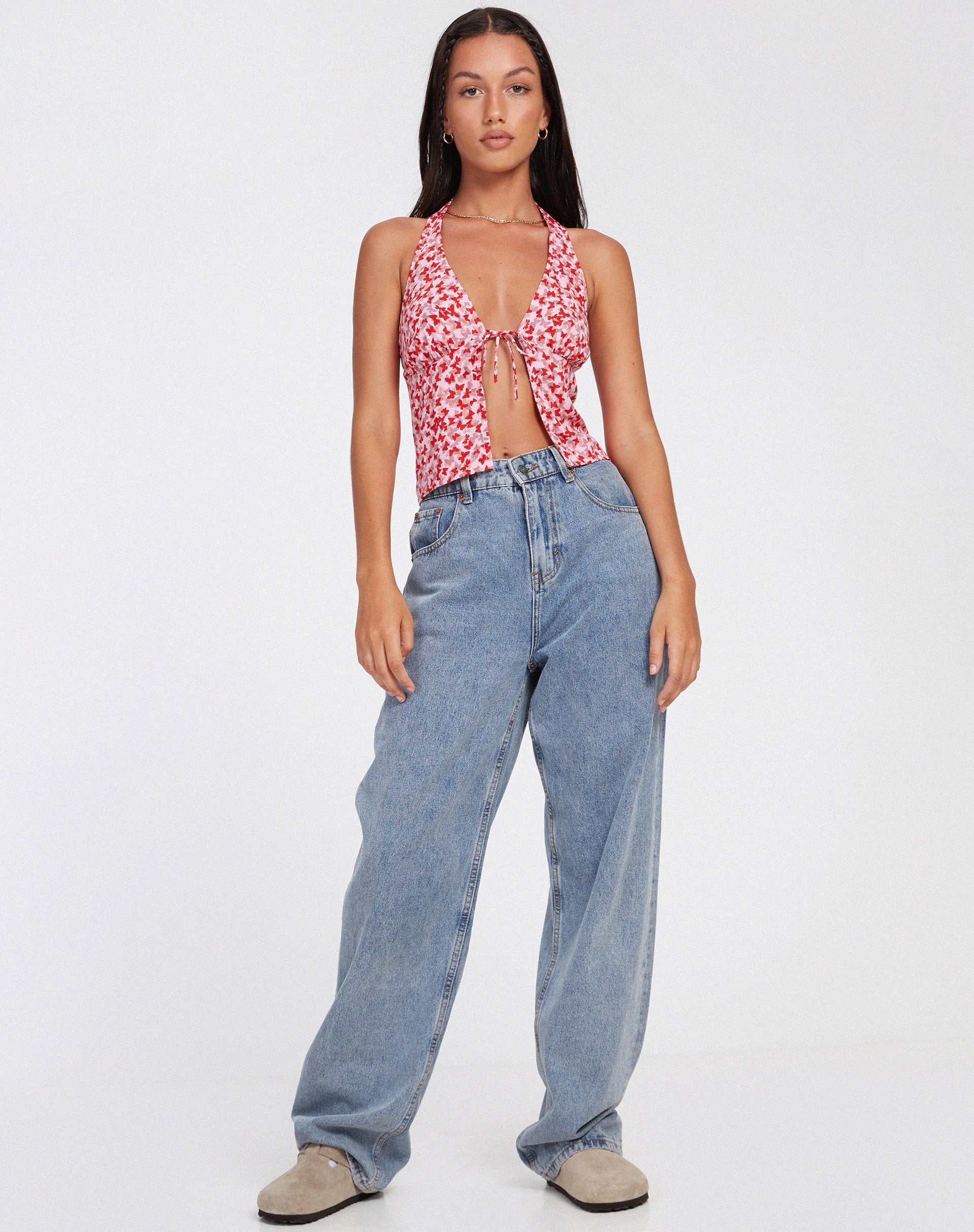 Roula Halter Top in Ditsy Butterfly Peach Red - Image 4