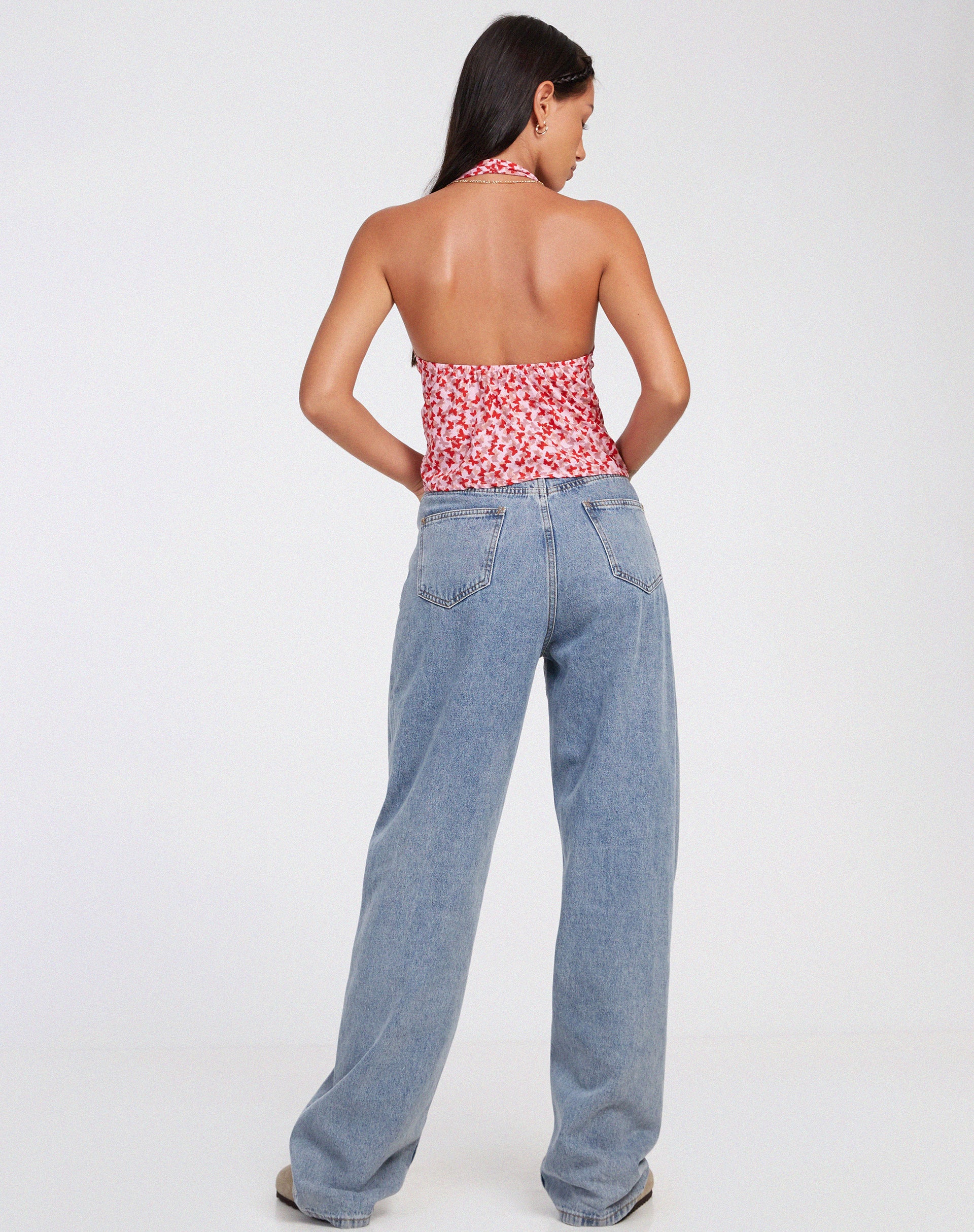 Roula Halter Top in Ditsy Butterfly Peach Red - Image 5