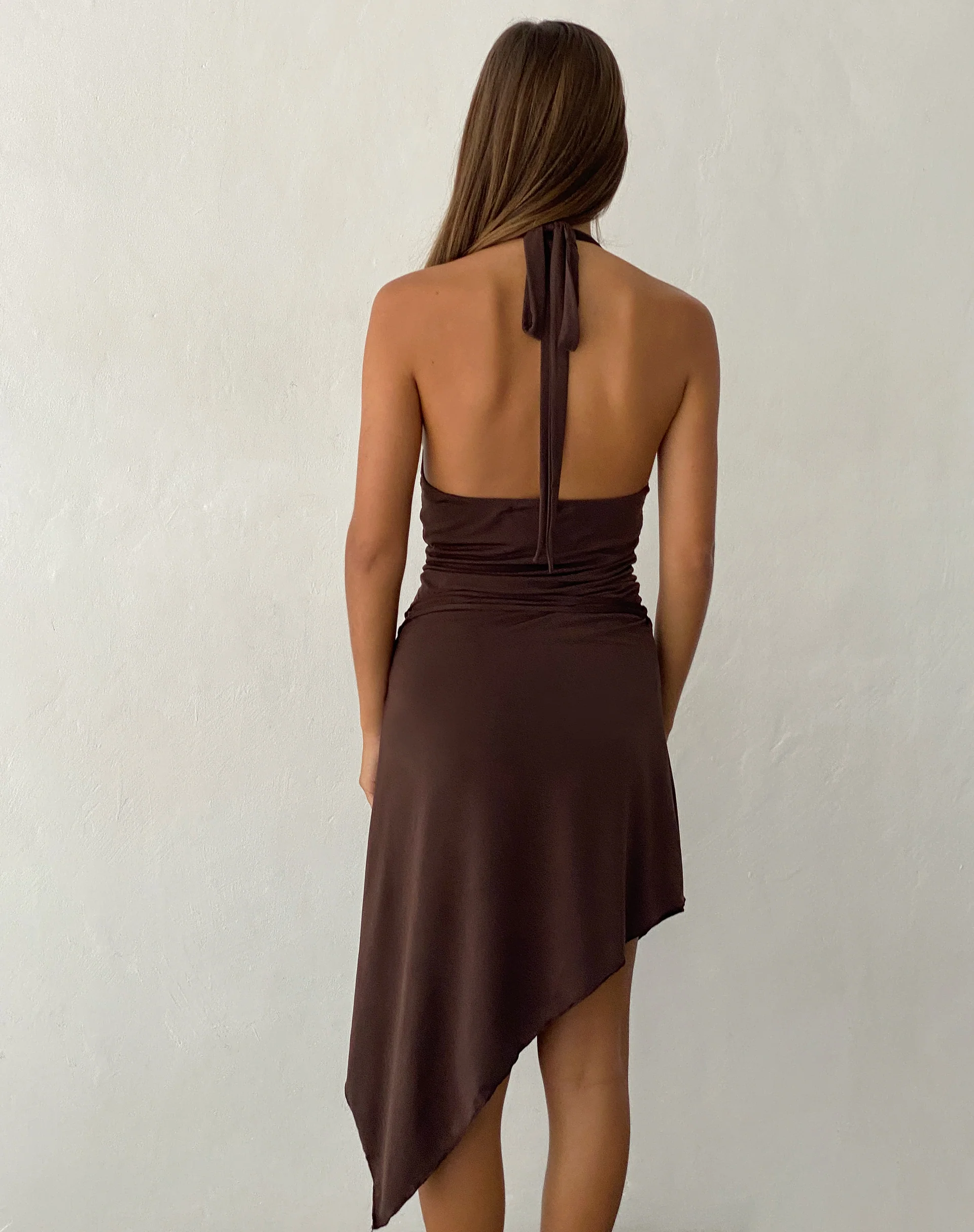 Ruebelle Halterneck Asymmetric Midi Dress in Mocca - Image 5