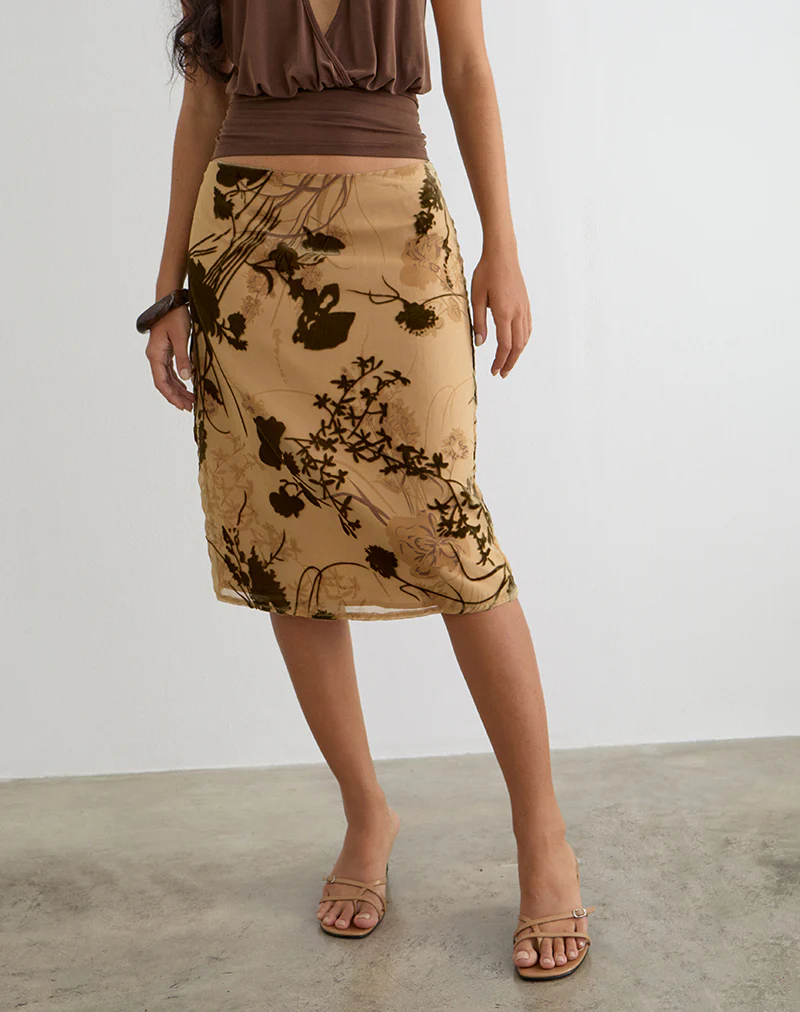 Rujha Midi Skirt in Floral Devore Beige