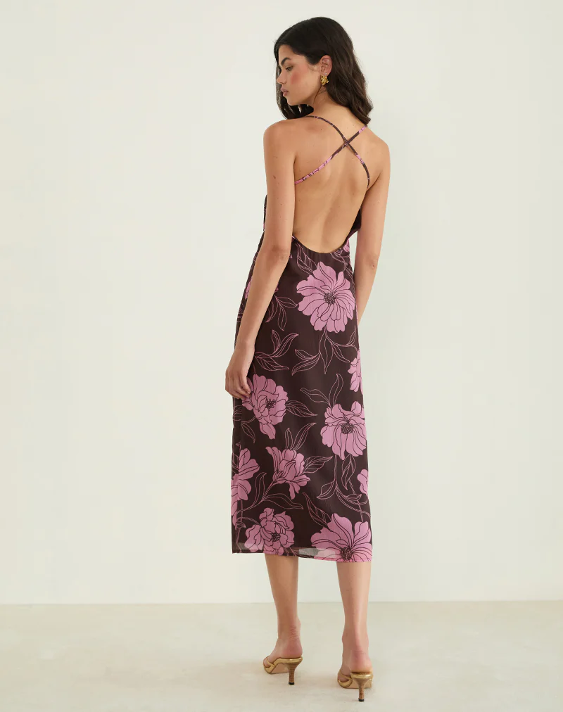 Rujira Cowl Midi Dress in Flare Floral Pink Brown - Image 2