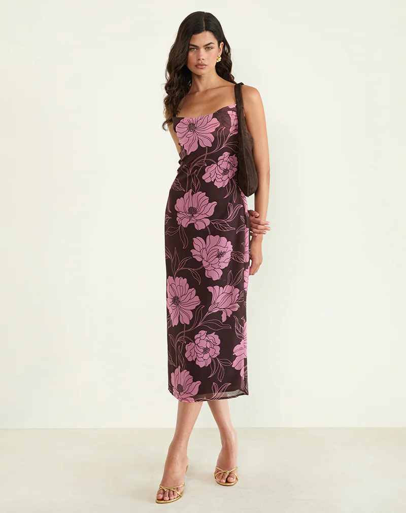 Rujira Cowl Midi Dress in Flare Floral Pink Brown - Image 3