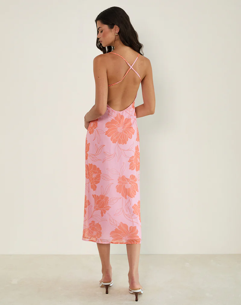 Rujira Cowl Midi Dress in Floral Pink Orange - Image 2
