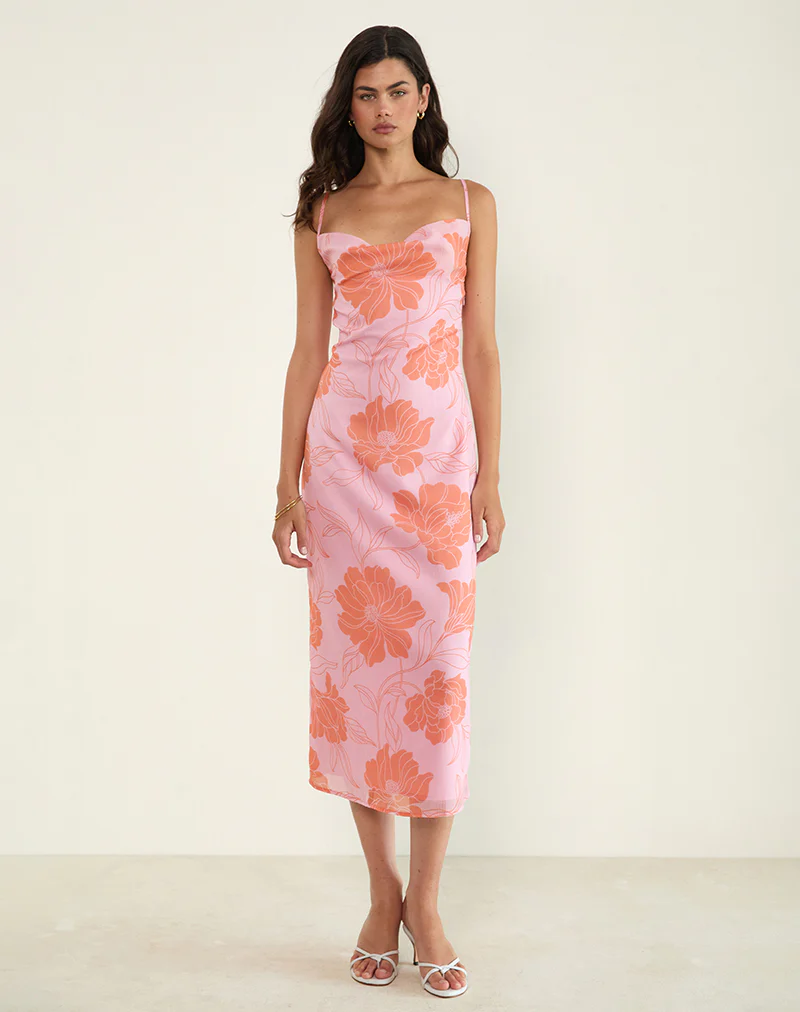 Rujira Cowl Midi Dress in Floral Pink Orange - Image 4