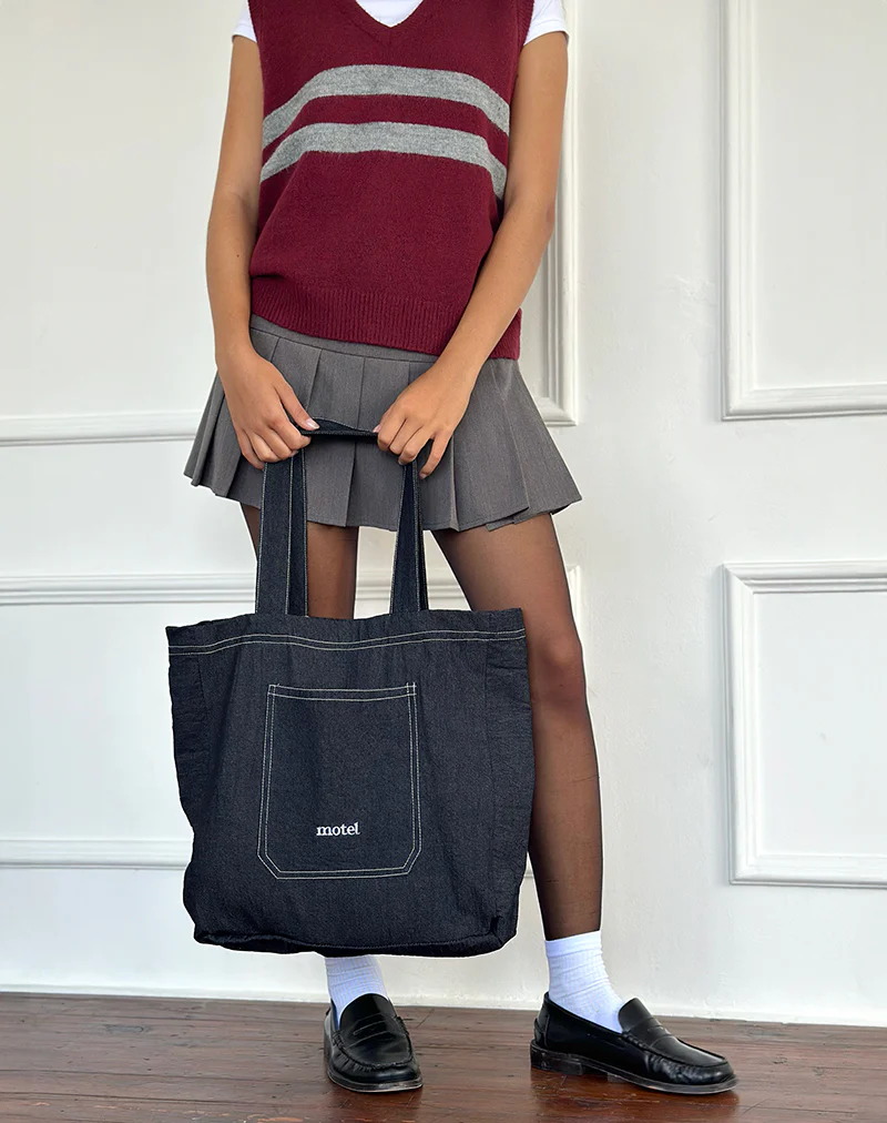 Ruka Tote Bag in Denim Indigo with White Motel Embroidery - Image 2