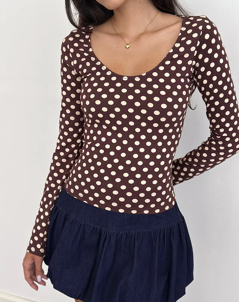 Rumini Long Sleeve Top in Brown with Small Polka Cream - Image 4